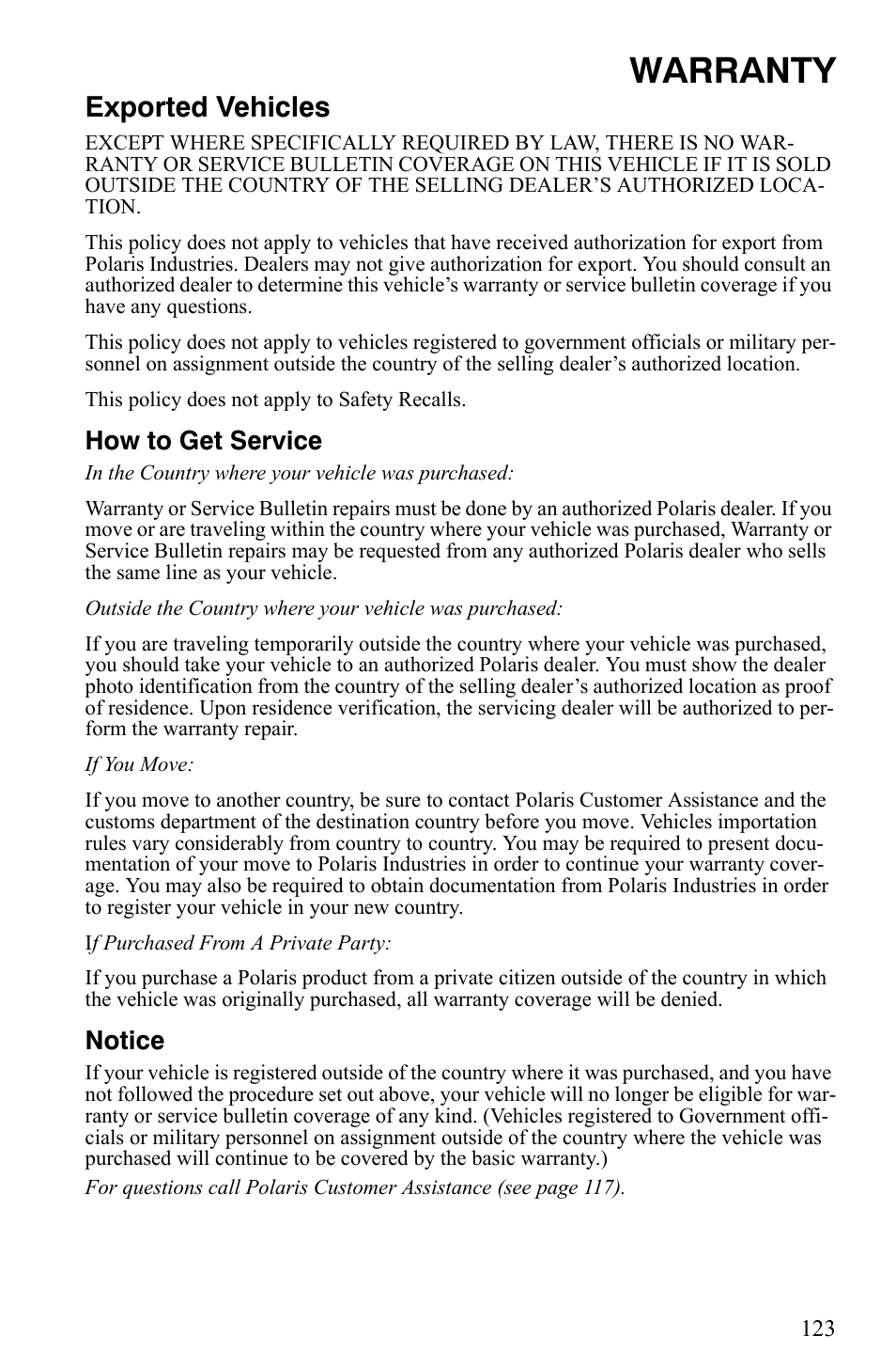 Warranty, Exported vehicles, How to get service | Notice | Polaris 2009 Trail RMK User Manual | Page 126 / 135