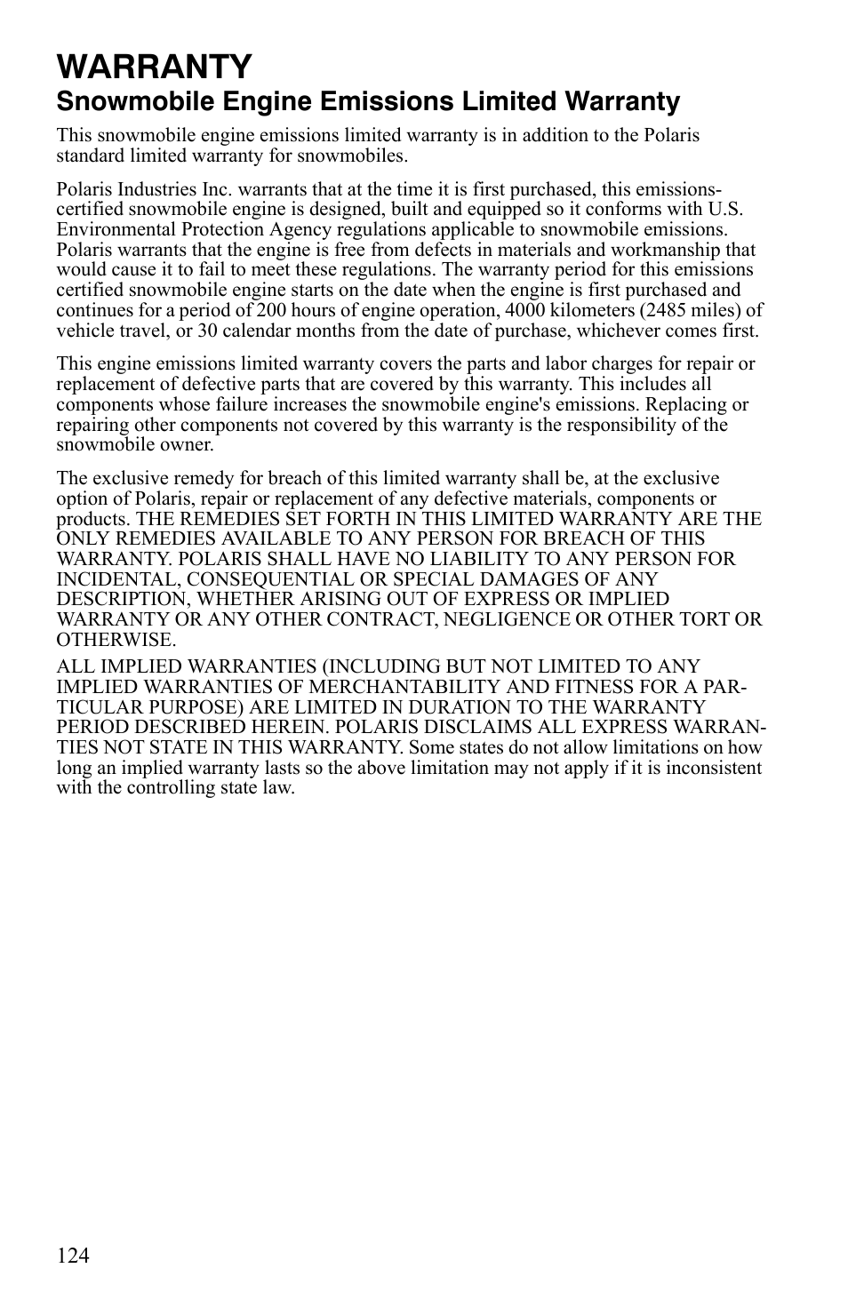 Warranty, Snowmobile engine emissions limited warranty | Polaris 2009 Trail RMK User Manual | Page 127 / 135