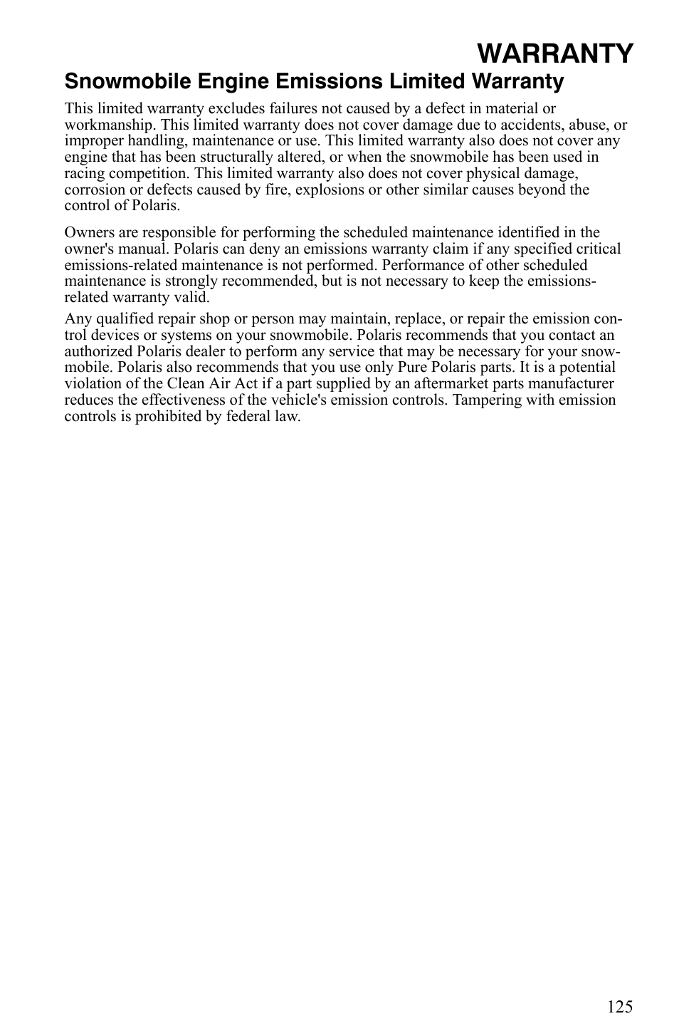 Warranty, Snowmobile engine emissions limited warranty | Polaris 2009 Trail RMK User Manual | Page 128 / 135