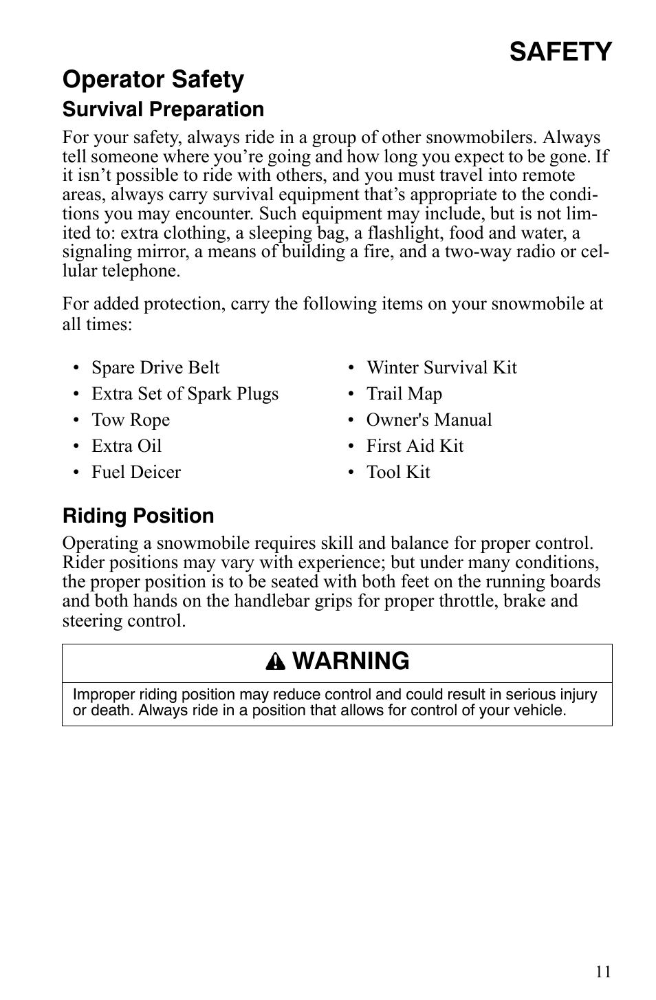 Safety, Operator safety, Warning | Polaris 2009 Trail RMK User Manual | Page 14 / 135