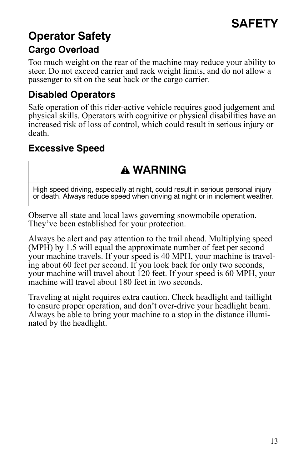 Safety, Operator safety, Warning | Polaris 2009 Trail RMK User Manual | Page 16 / 135