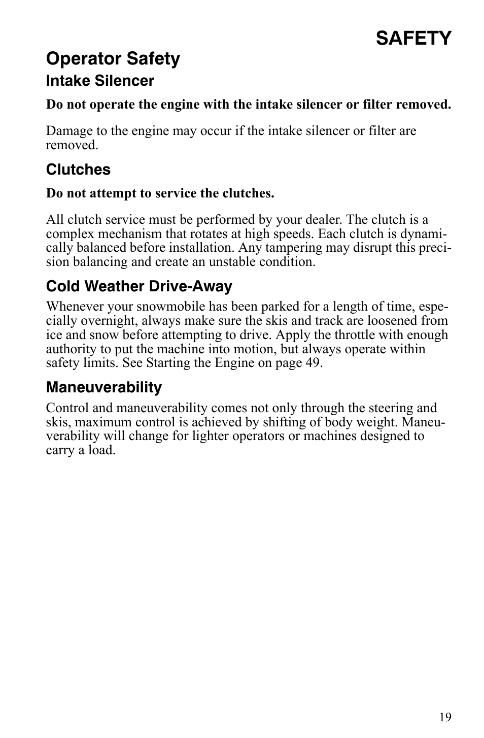 Safety, Operator safety | Polaris 2009 Trail RMK User Manual | Page 22 / 135