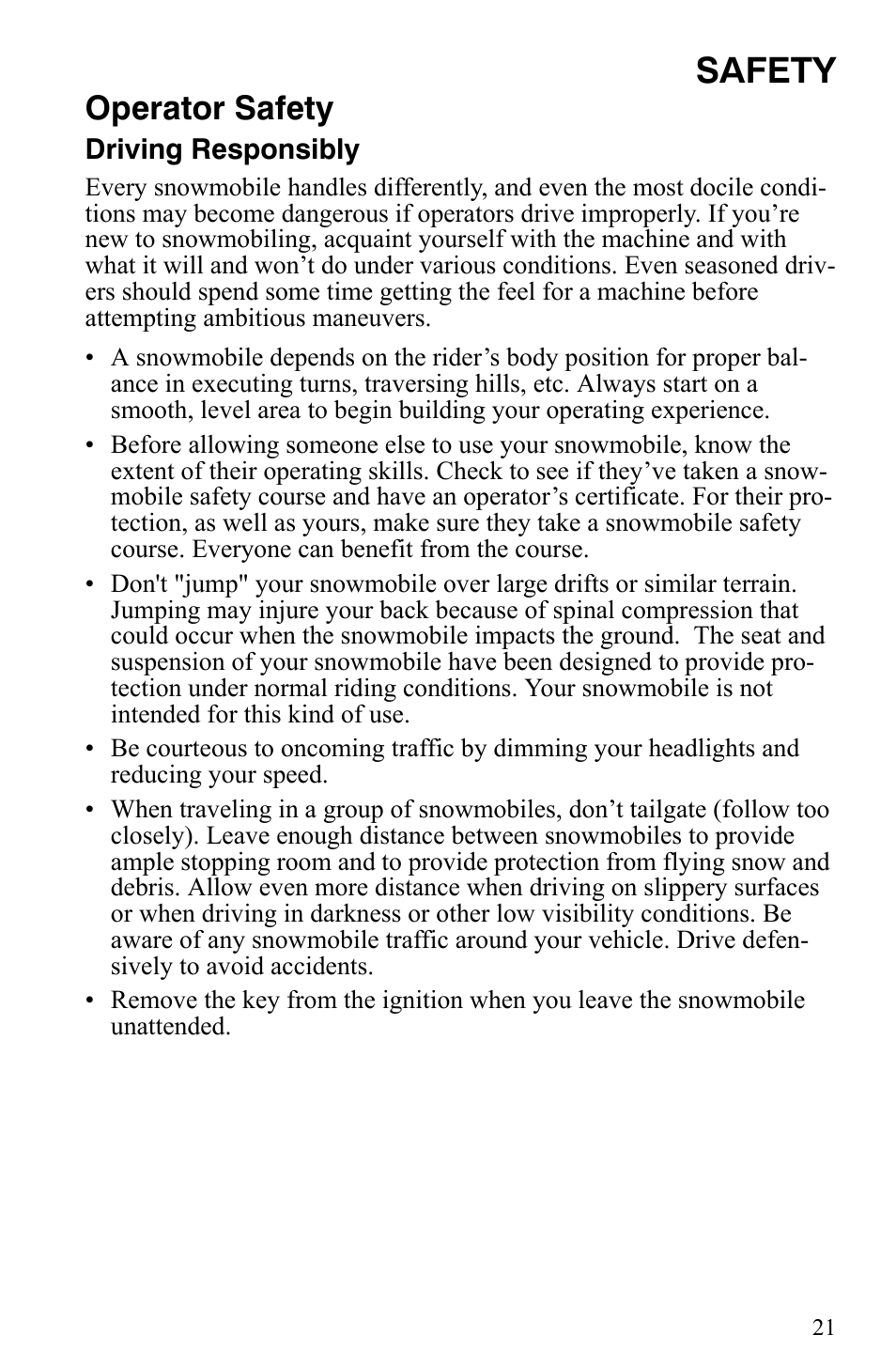 Safety, Operator safety | Polaris 2009 Trail RMK User Manual | Page 24 / 135