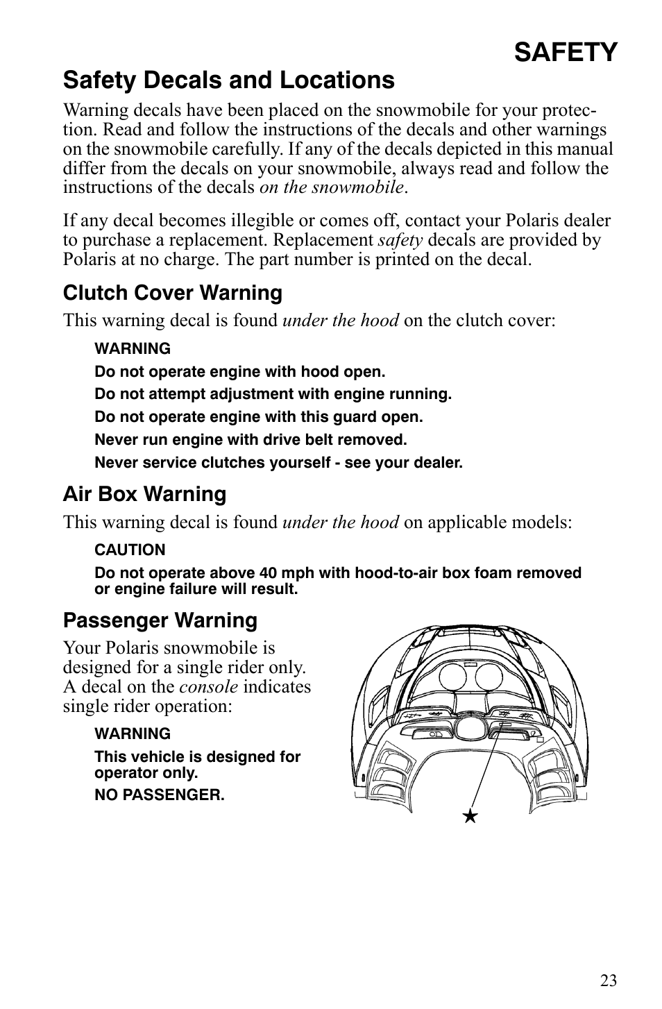 Safety, Safety decals and locations | Polaris 2009 Trail RMK User Manual | Page 26 / 135