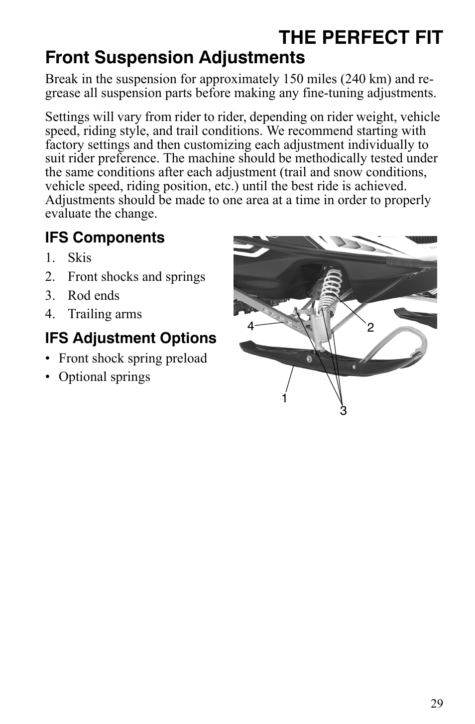 The perfect fit, Front suspension adjustments | Polaris 2009 Trail RMK User Manual | Page 32 / 135