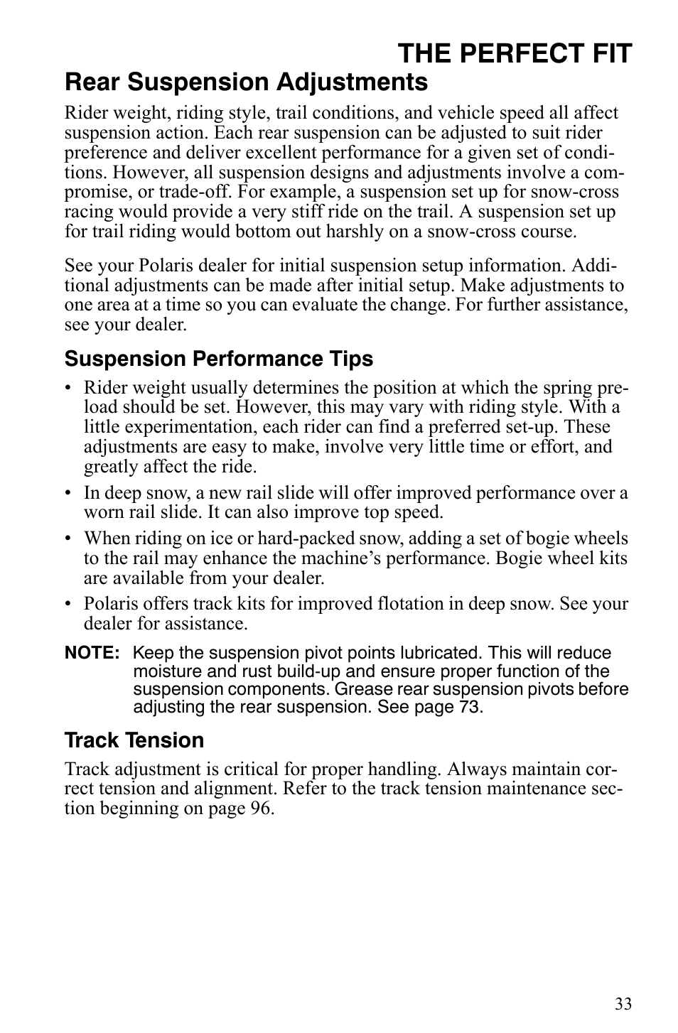 The perfect fit, Rear suspension adjustments | Polaris 2009 Trail RMK User Manual | Page 36 / 135