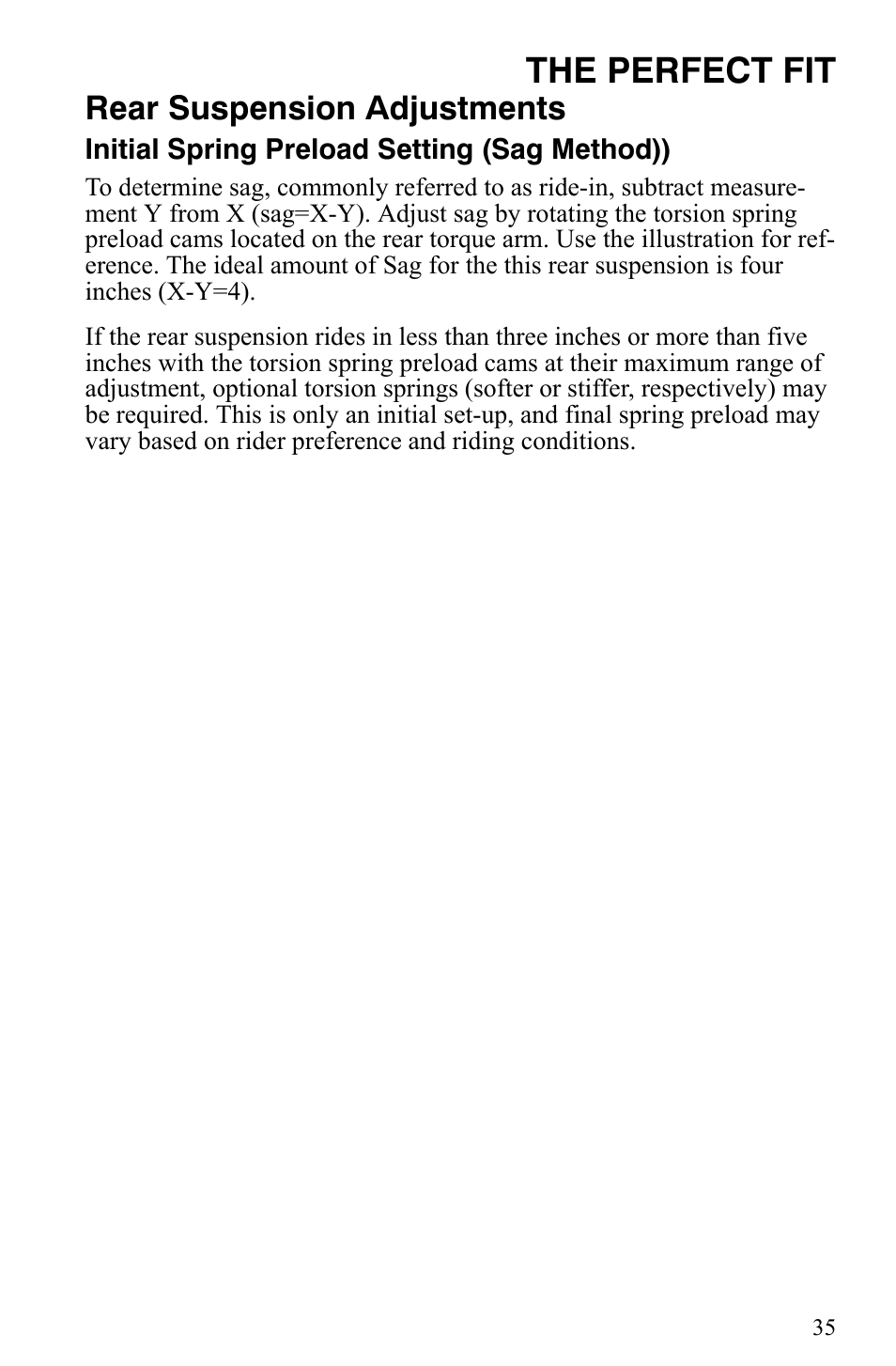 The perfect fit, Rear suspension adjustments | Polaris 2009 Trail RMK User Manual | Page 38 / 135