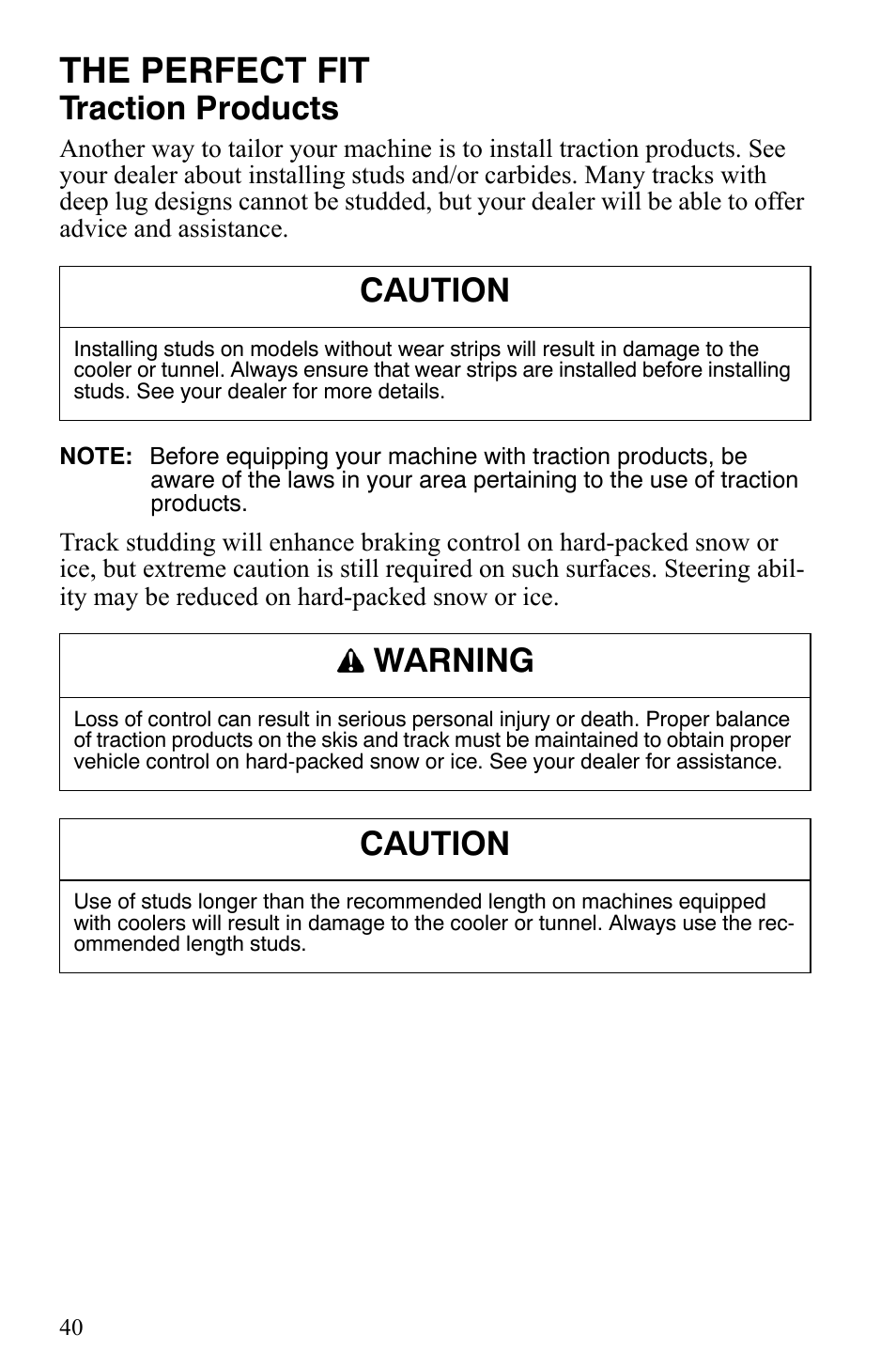 The perfect fit, Traction products, Caution | Warning | Polaris 2009 Trail RMK User Manual | Page 43 / 135