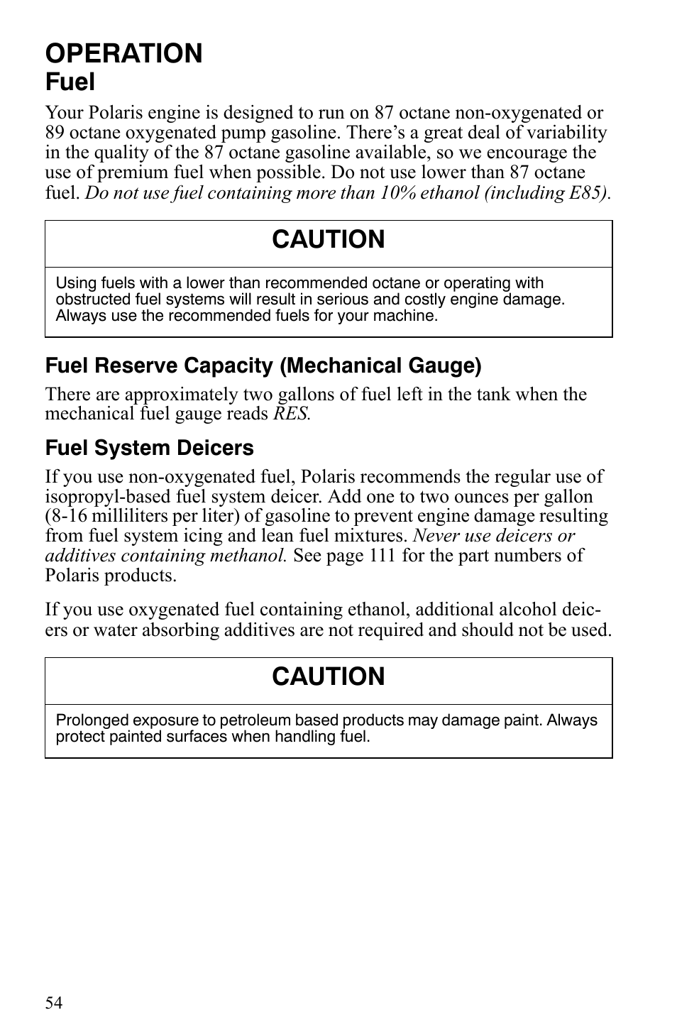 Operation, Fuel, Caution | Polaris 2009 Trail RMK User Manual | Page 57 / 135