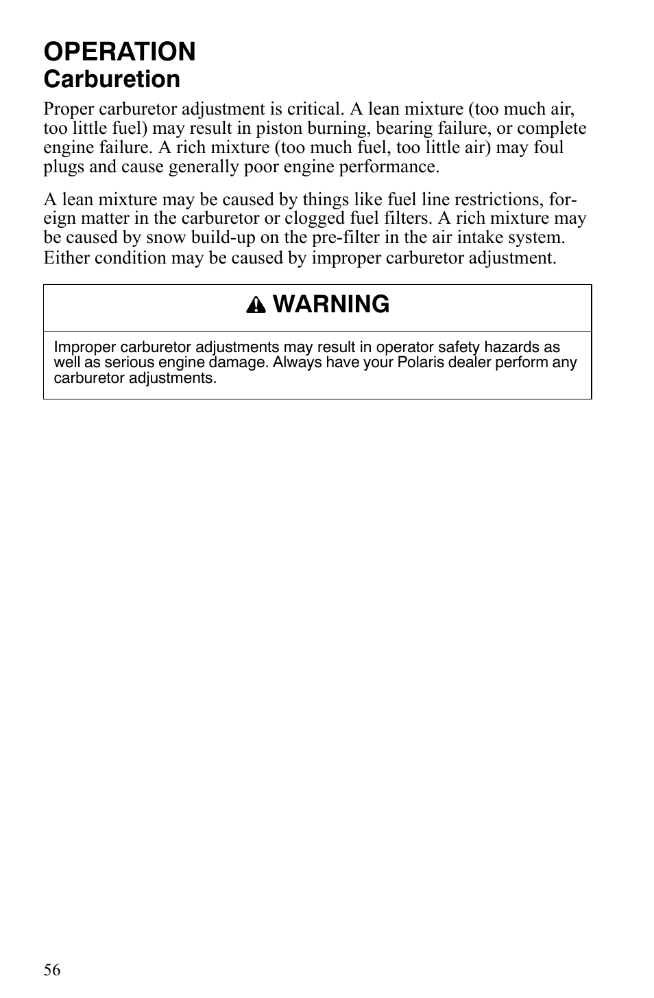 Operation, Carburetion, Warning | Polaris 2009 Trail RMK User Manual | Page 59 / 135