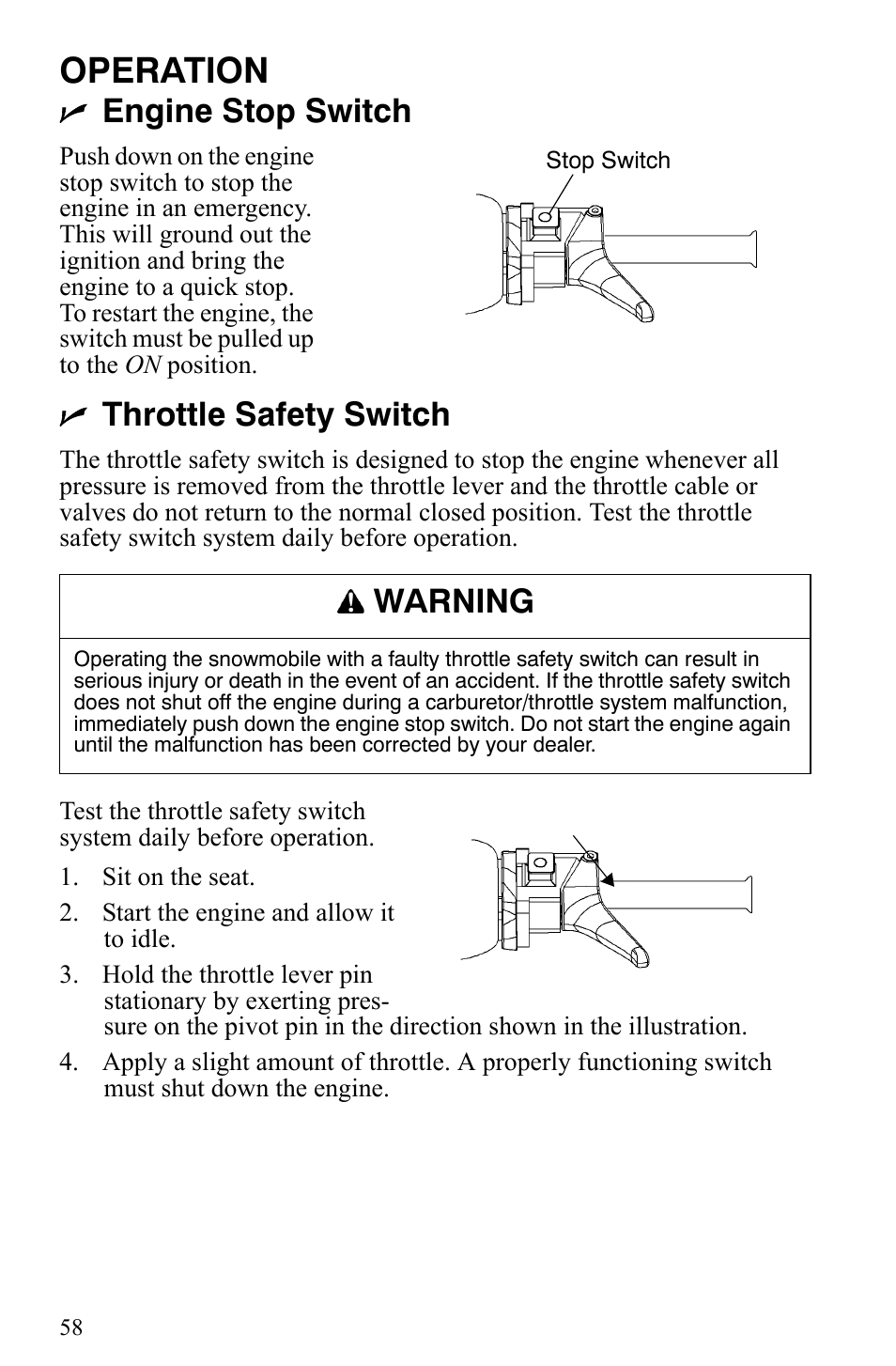 Operation, Engine stop switch, Throttle safety switch | Warning | Polaris 2009 Trail RMK User Manual | Page 61 / 135