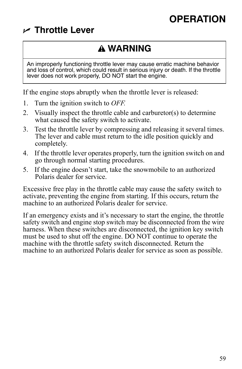 Operation, Throttle lever, Warning | Polaris 2009 Trail RMK User Manual | Page 62 / 135