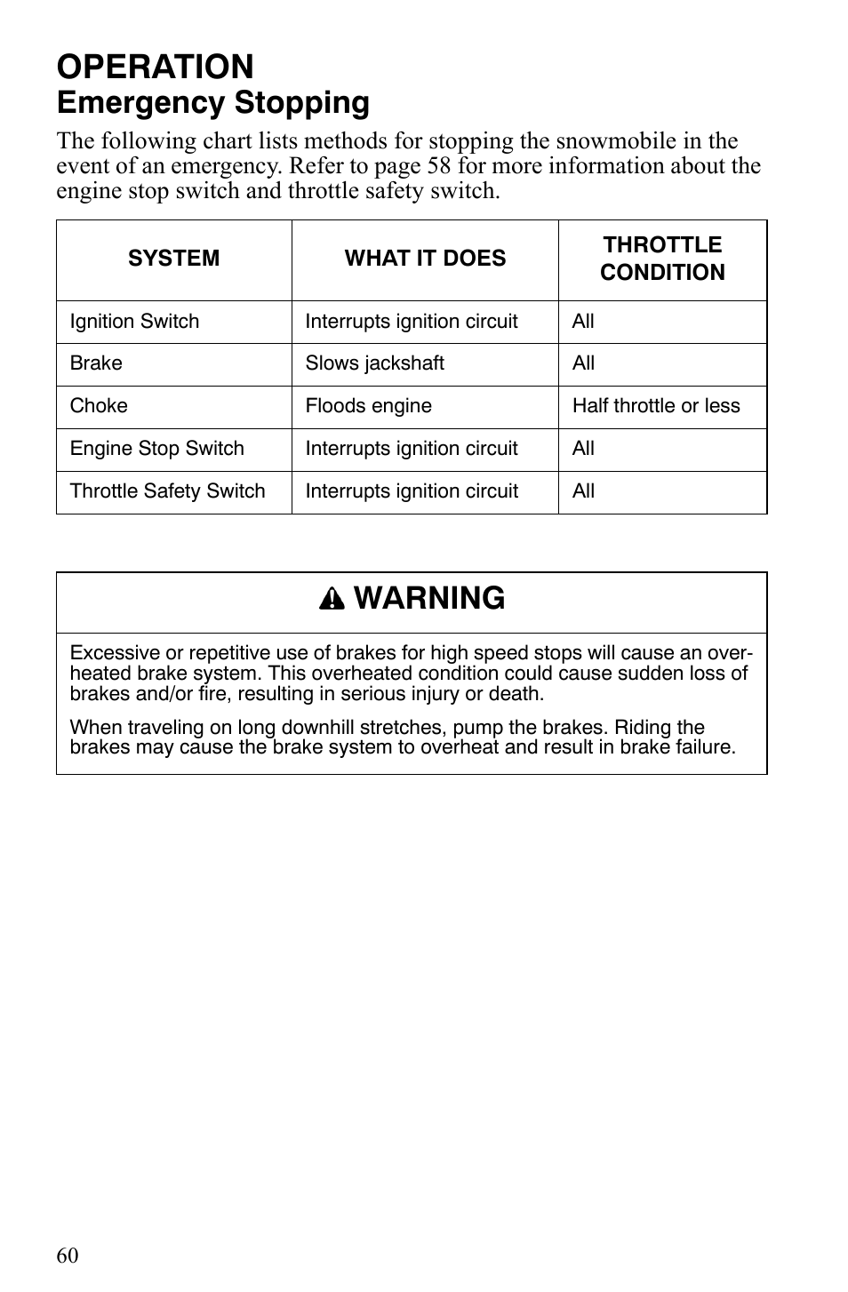 Operation, Emergency stopping, Warning | Polaris 2009 Trail RMK User Manual | Page 63 / 135