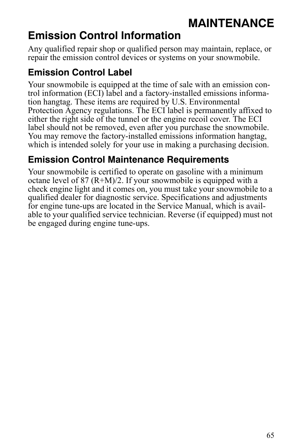 Maintenance, Emission control information | Polaris 2009 Trail RMK User Manual | Page 68 / 135