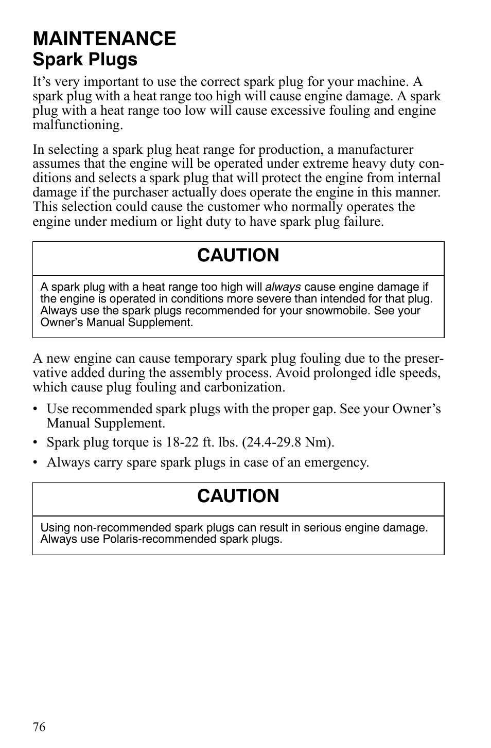 Maintenance, Spark plugs, Caution | Polaris 2009 Trail RMK User Manual | Page 79 / 135