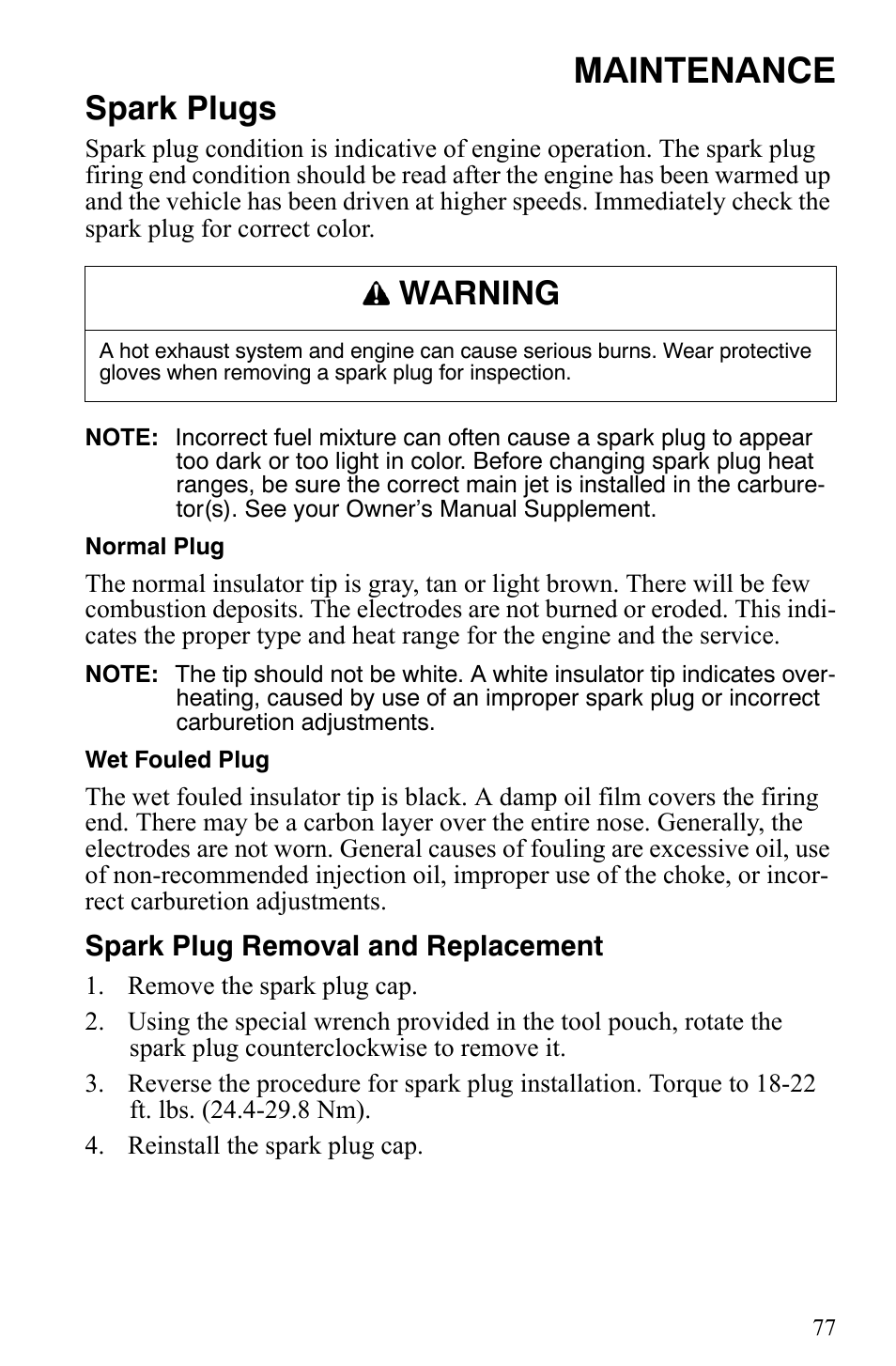 Maintenance, Spark plugs, Warning | Polaris 2009 Trail RMK User Manual | Page 80 / 135