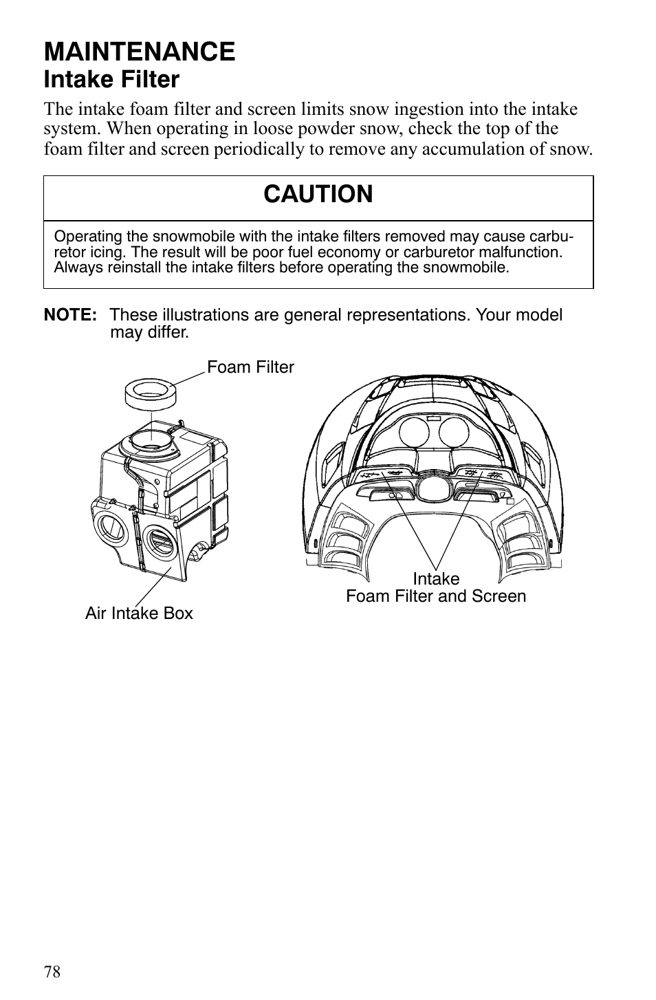 Maintenance, Intake filter, Caution | Polaris 2009 Trail RMK User Manual | Page 81 / 135