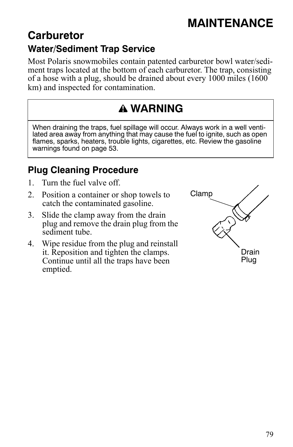 Maintenance, Carburetor, Warning | Polaris 2009 Trail RMK User Manual | Page 82 / 135