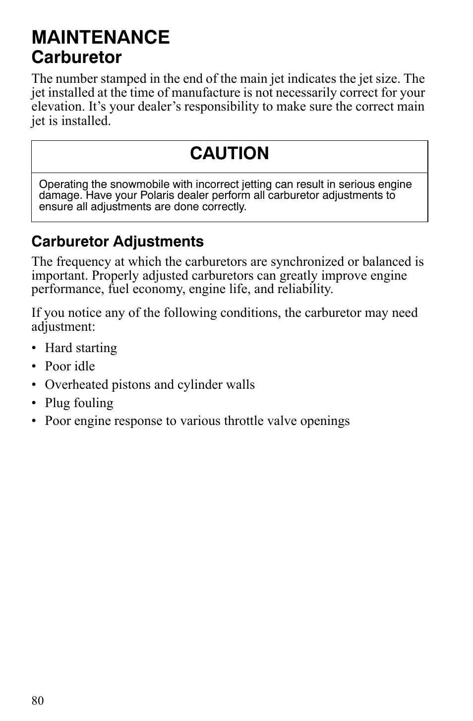 Maintenance, Carburetor, Caution | Polaris 2009 Trail RMK User Manual | Page 83 / 135