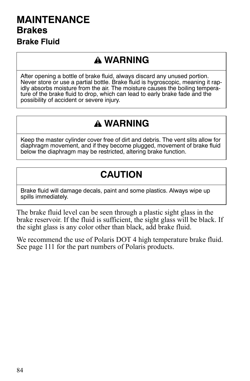 Maintenance, Brakes, Warning | Caution | Polaris 2009 Trail RMK User Manual | Page 87 / 135