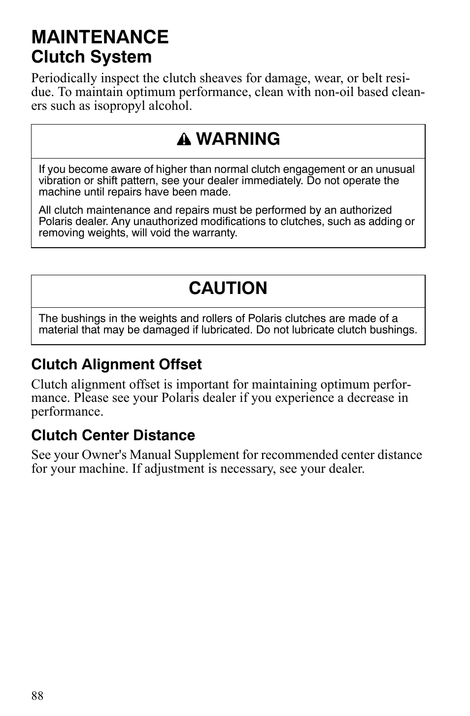 Maintenance, Clutch system, Warning | Caution | Polaris 2009 Trail RMK User Manual | Page 91 / 135