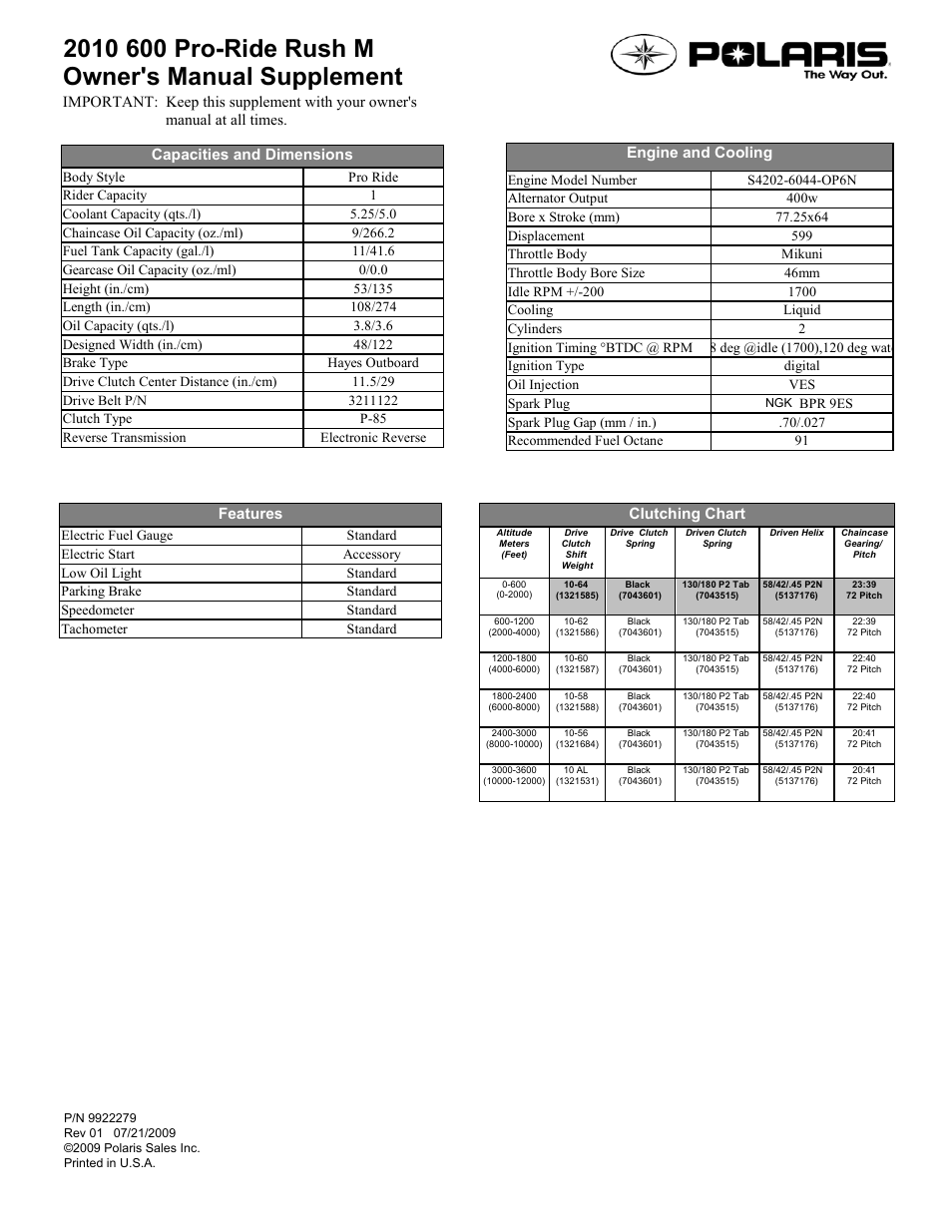 Polaris 2010 600 Pro-Ride Rush M User Manual | 1 page