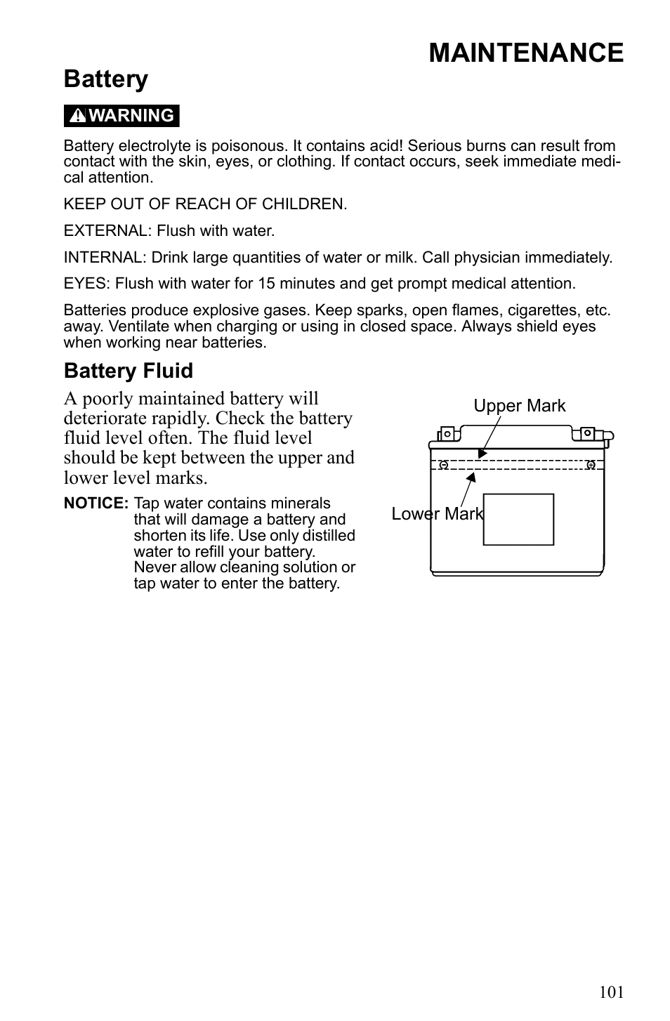 Maintenance, Battery, Battery fluid | Polaris 2010 Trail RMK User Manual | Page 104 / 133