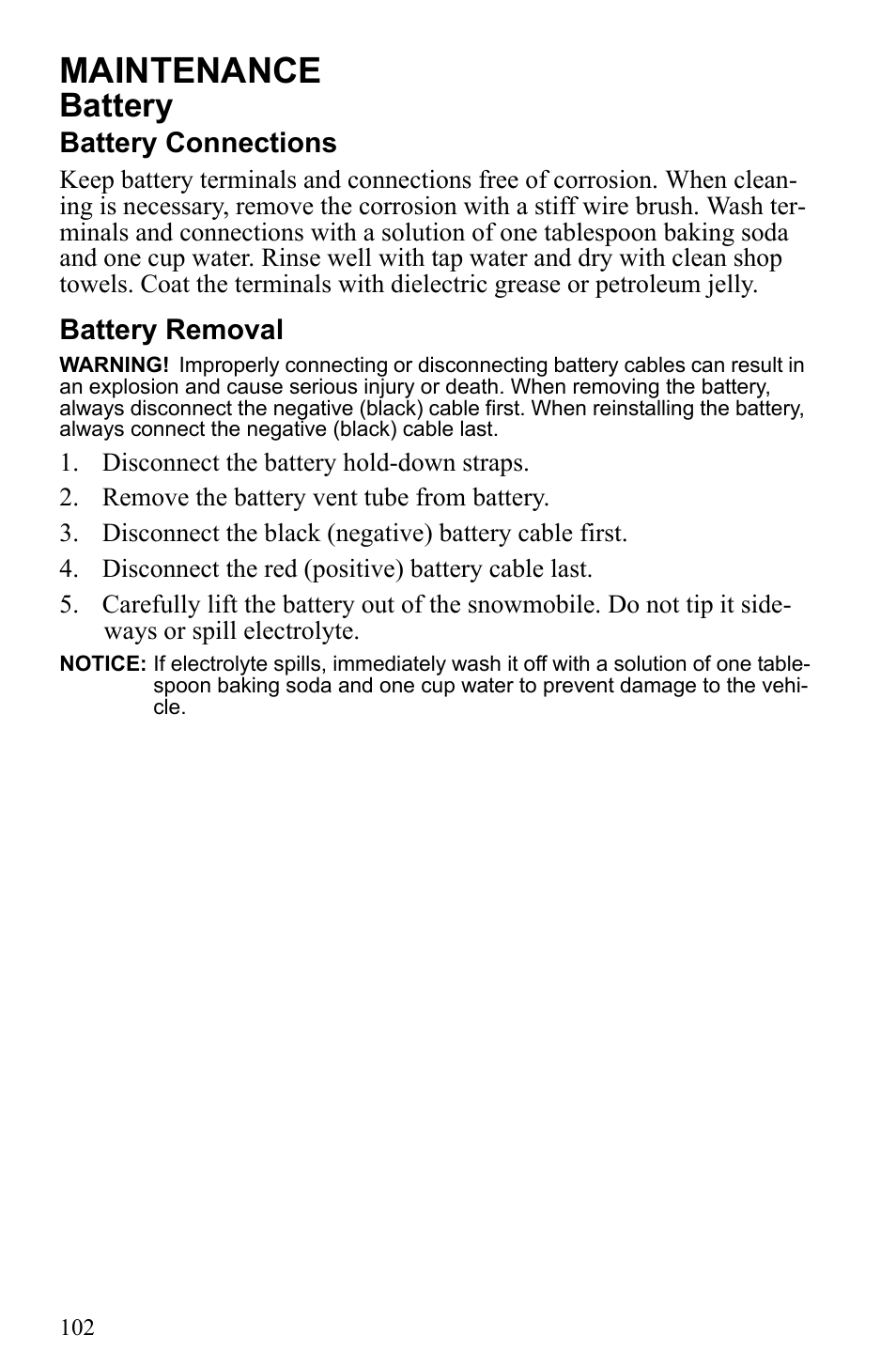 Maintenance, Battery, Battery connections | Battery removal | Polaris 2010 Trail RMK User Manual | Page 105 / 133