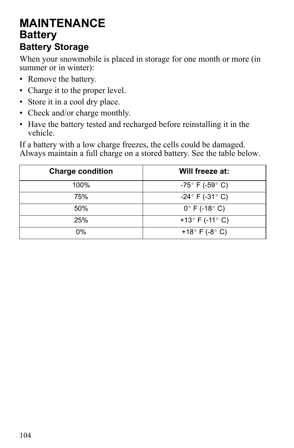 Maintenance, Battery, Battery storage | Polaris 2010 Trail RMK User Manual | Page 107 / 133