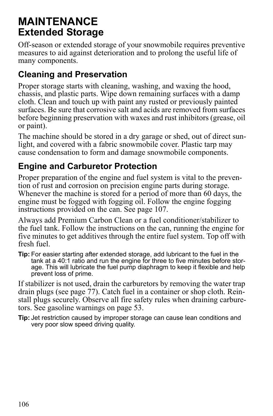 Maintenance, Extended storage | Polaris 2010 Trail RMK User Manual | Page 109 / 133