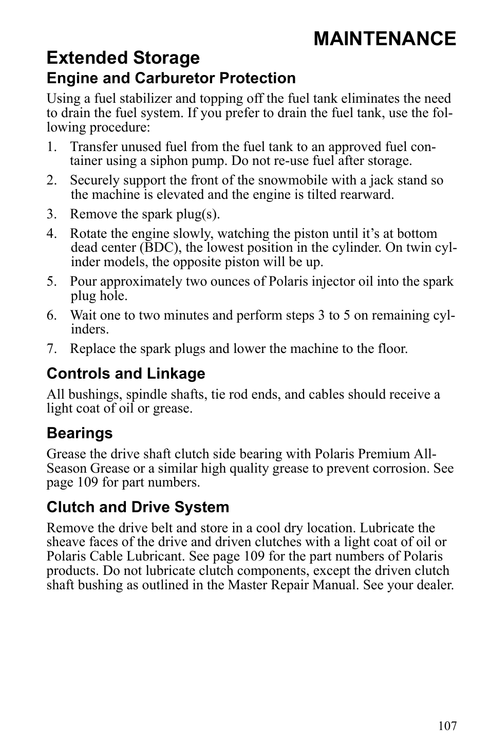 Maintenance, Extended storage | Polaris 2010 Trail RMK User Manual | Page 110 / 133