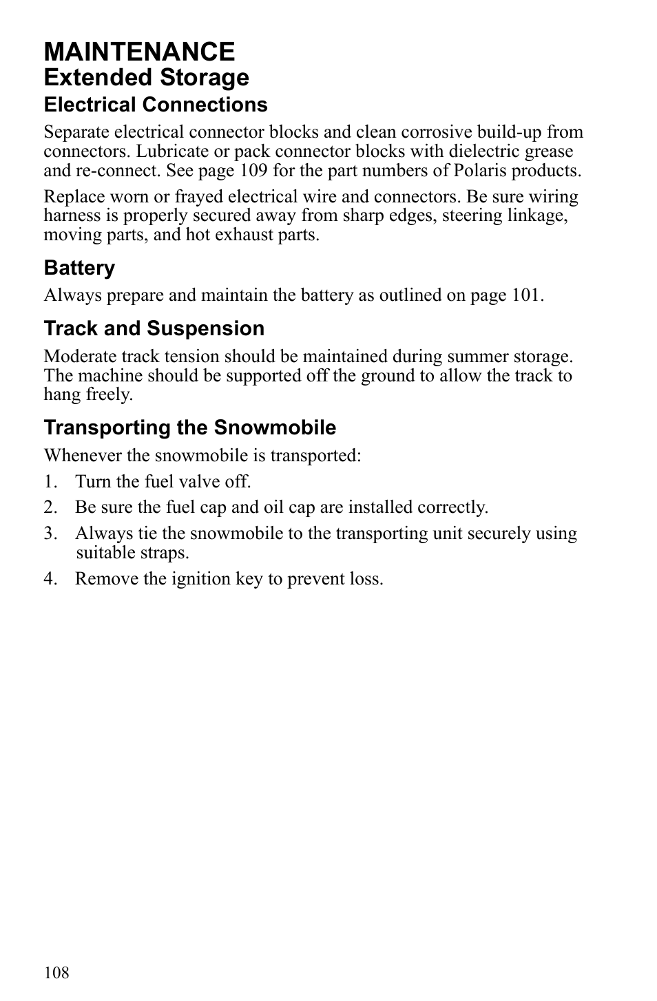 Maintenance, Extended storage | Polaris 2010 Trail RMK User Manual | Page 111 / 133