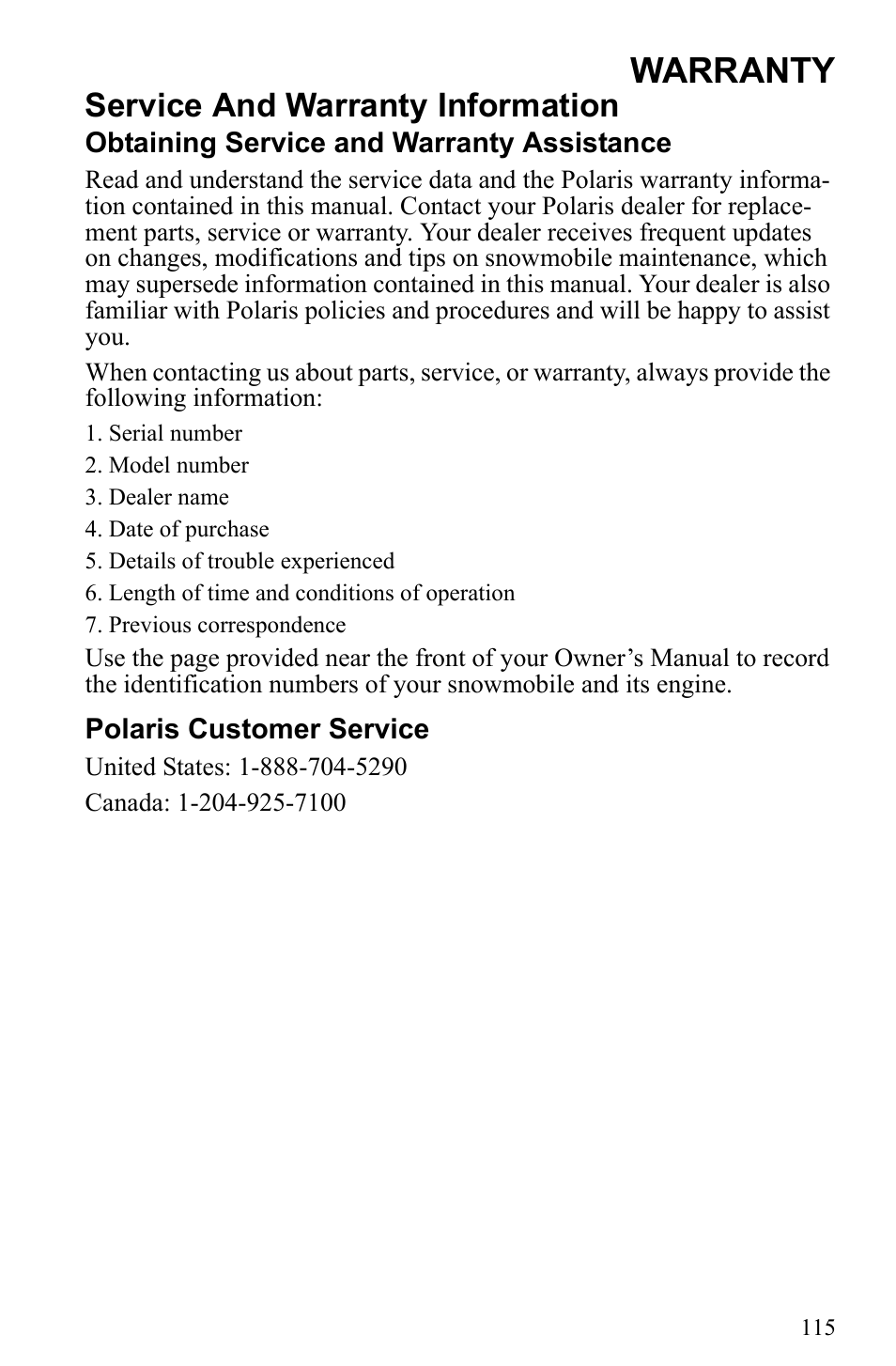 Warranty, Service and warranty information | Polaris 2010 Trail RMK User Manual | Page 118 / 133