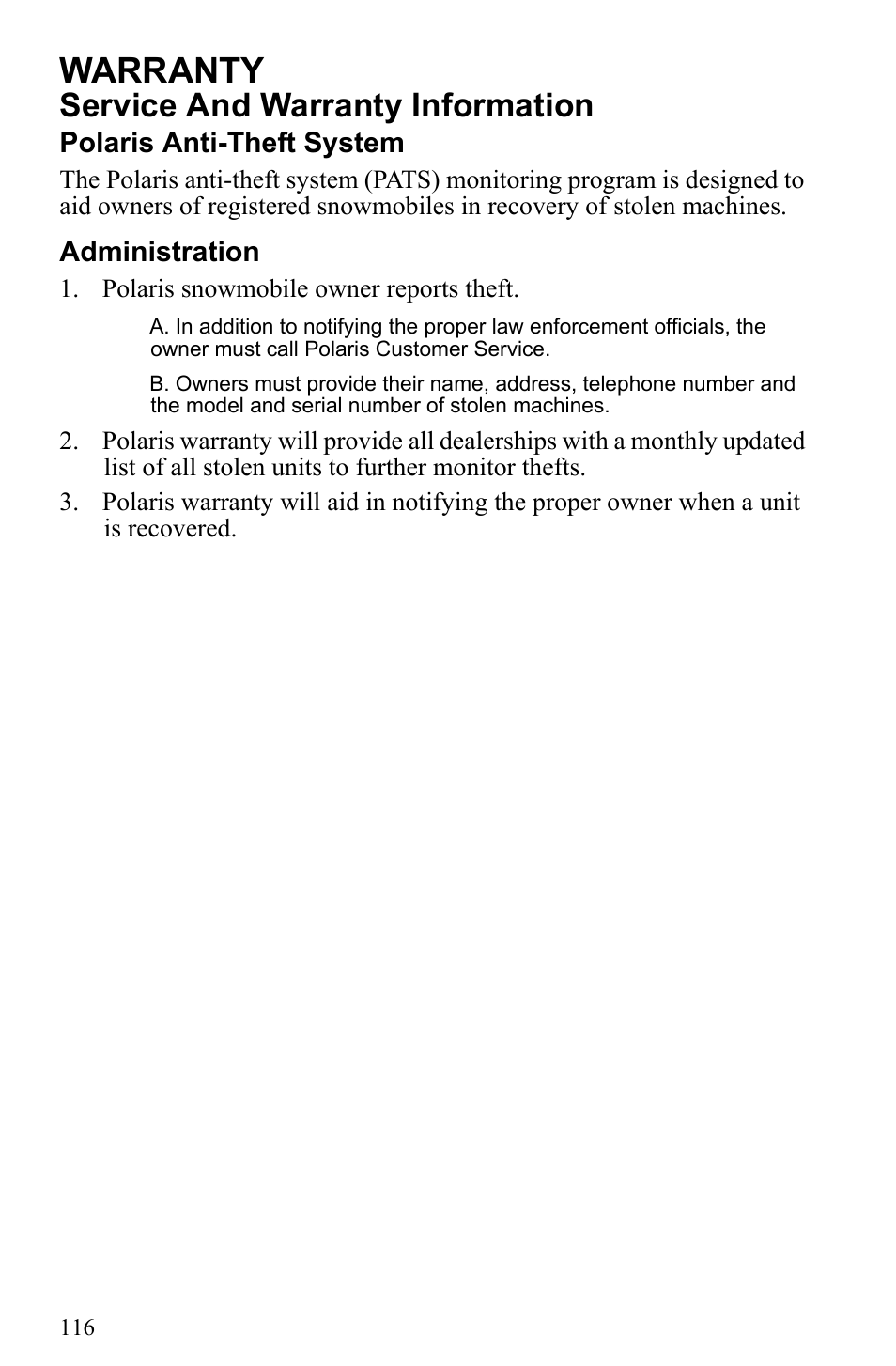 Warranty, Service and warranty information | Polaris 2010 Trail RMK User Manual | Page 119 / 133