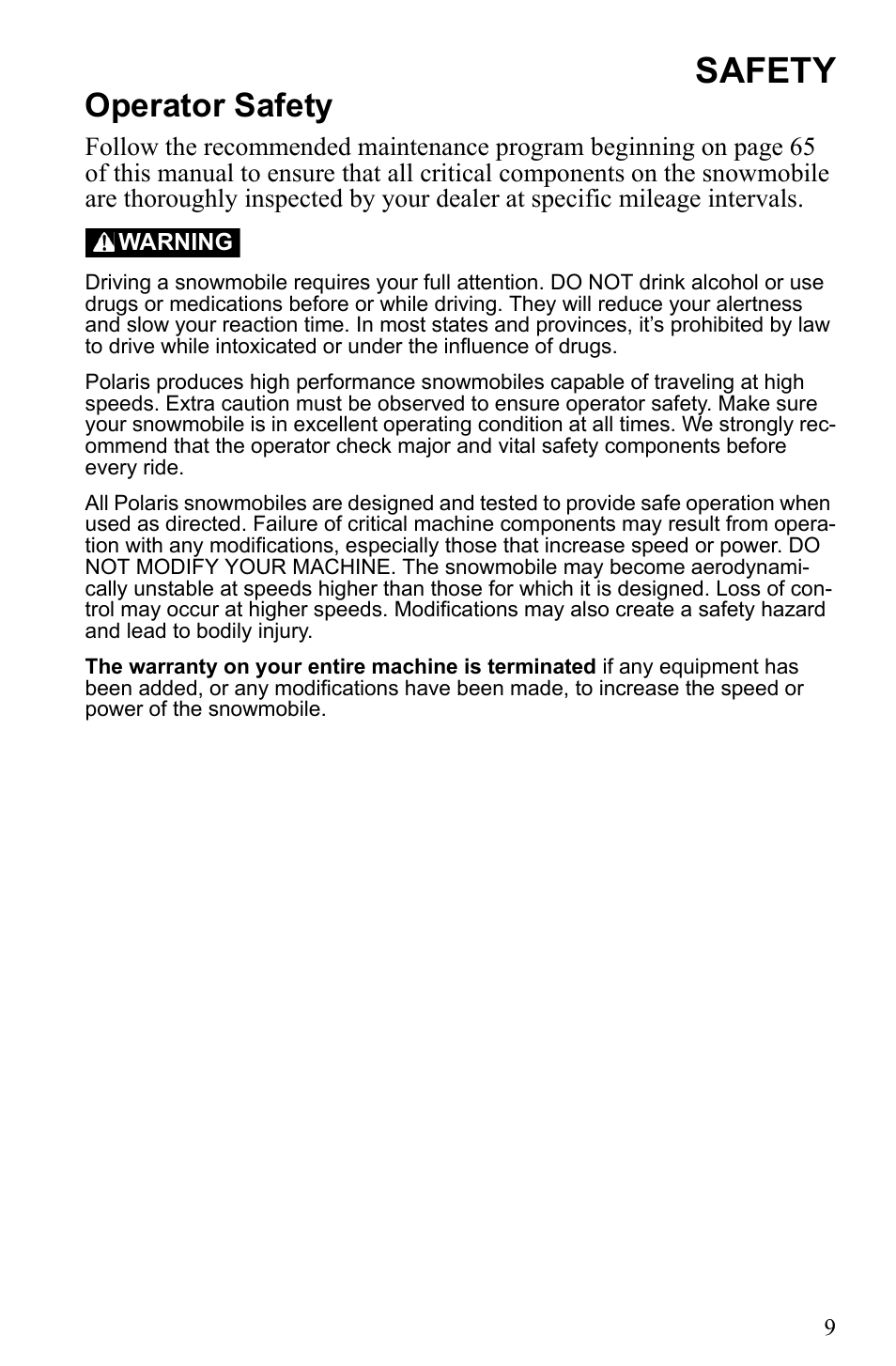 Safety, Operator safety | Polaris 2010 Trail RMK User Manual | Page 12 / 133