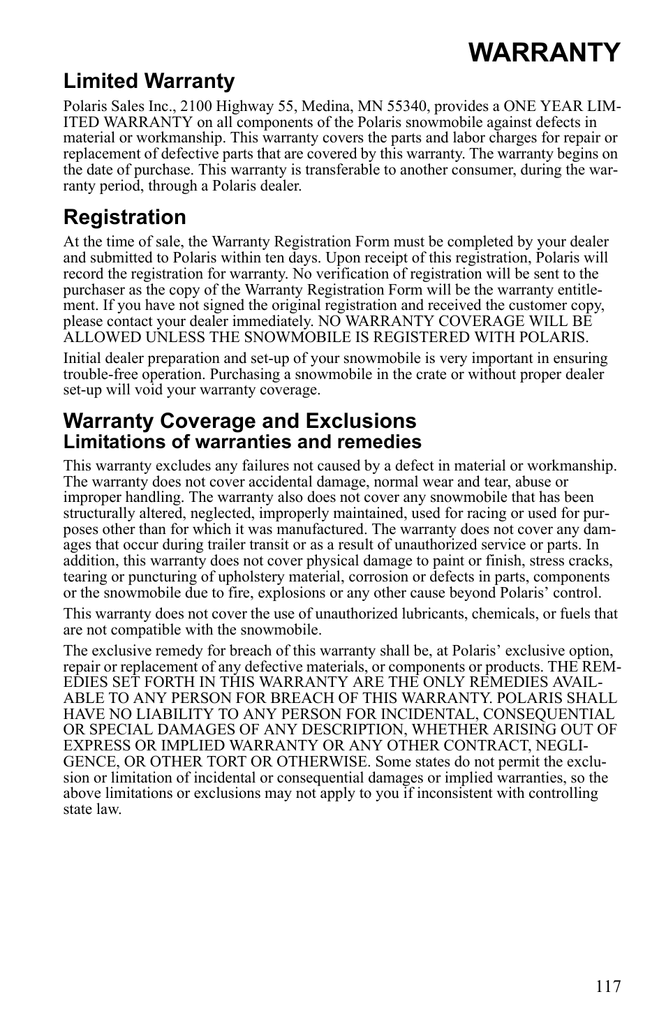 Warranty, Limited warranty, Registration | Warranty coverage and exclusions, Limitations of warranties and remedies | Polaris 2010 Trail RMK User Manual | Page 120 / 133