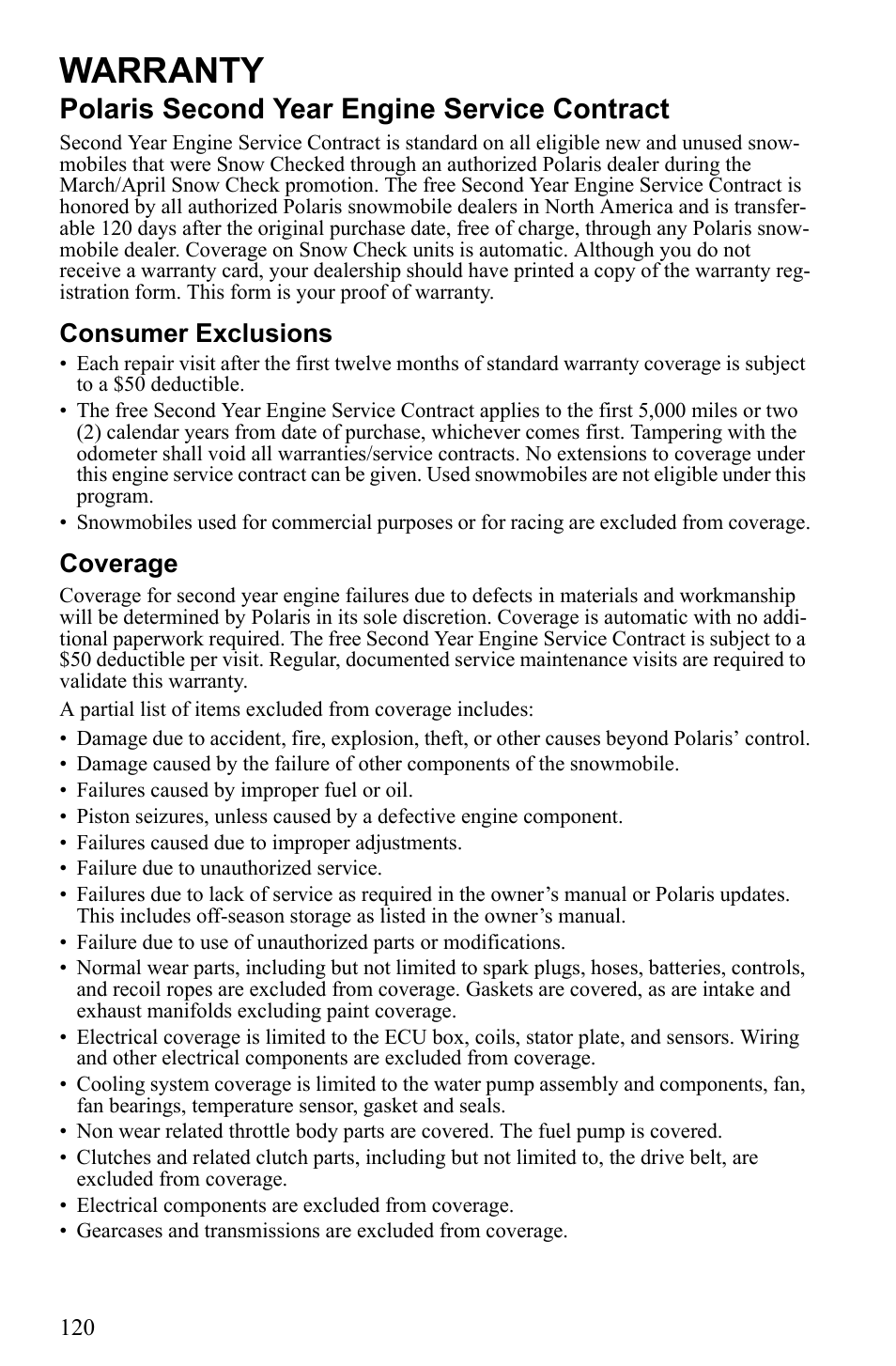 Warranty, Polaris second year engine service contract, Consumer exclusions | Coverage | Polaris 2010 Trail RMK User Manual | Page 123 / 133