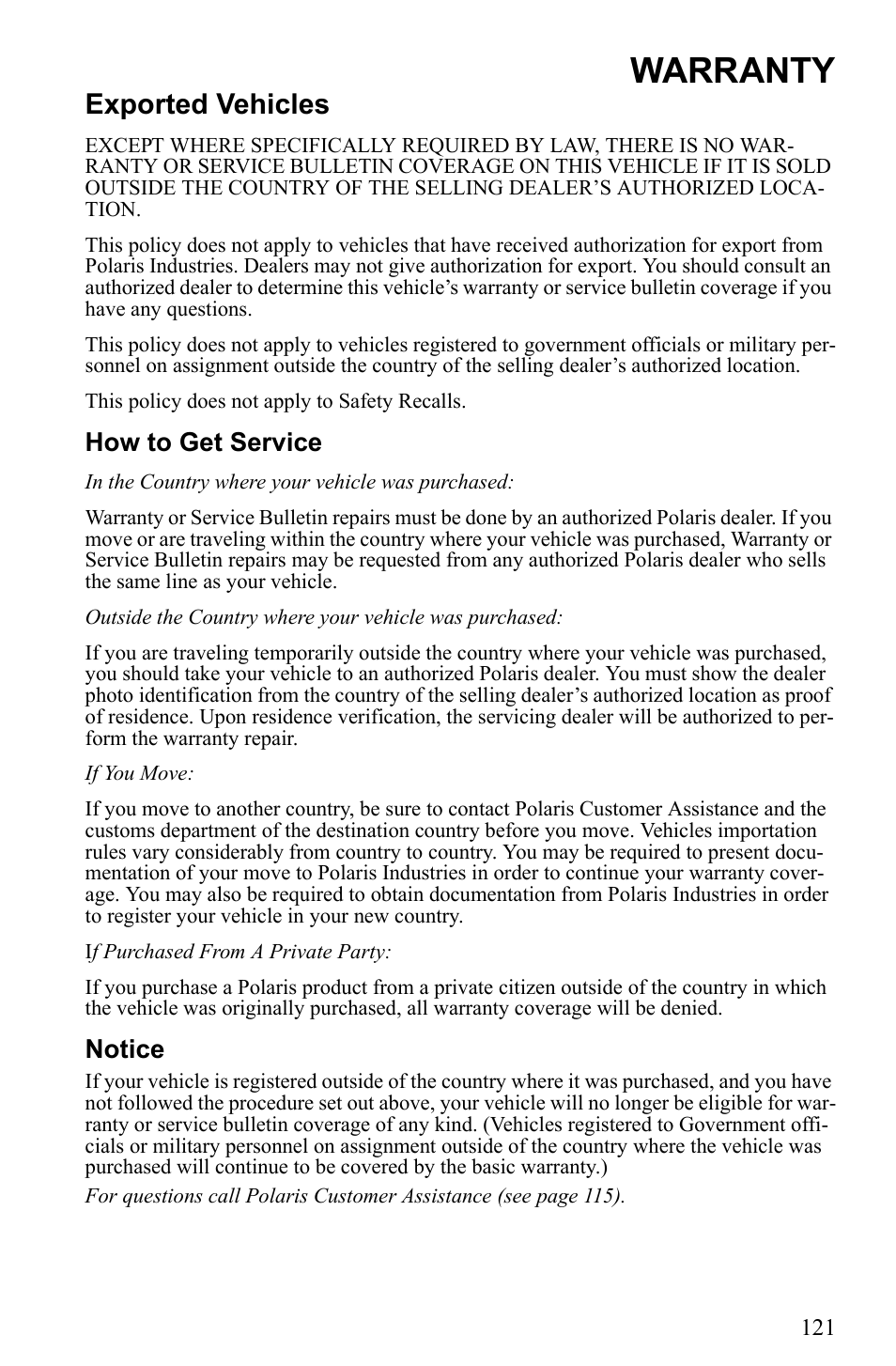 Warranty, Exported vehicles, How to get service | Notice | Polaris 2010 Trail RMK User Manual | Page 124 / 133