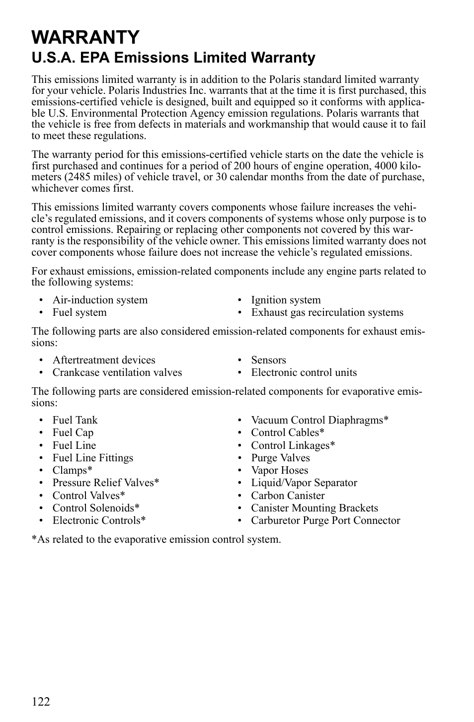 Warranty, U.s.a. epa emissions limited warranty | Polaris 2010 Trail RMK User Manual | Page 125 / 133