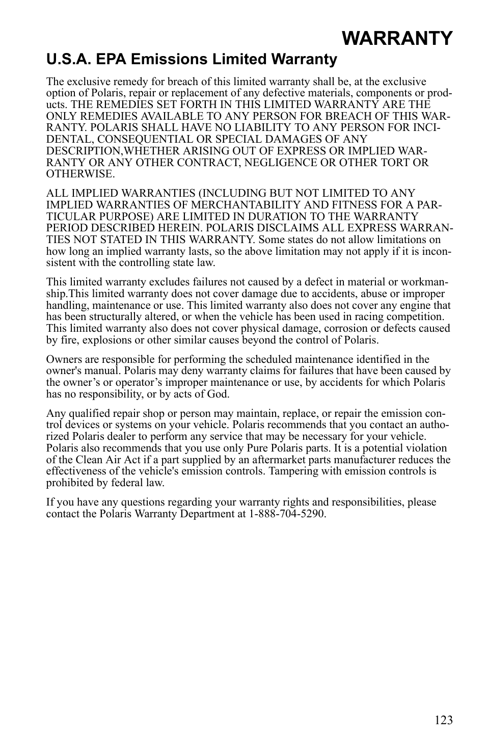 Warranty, U.s.a. epa emissions limited warranty | Polaris 2010 Trail RMK User Manual | Page 126 / 133