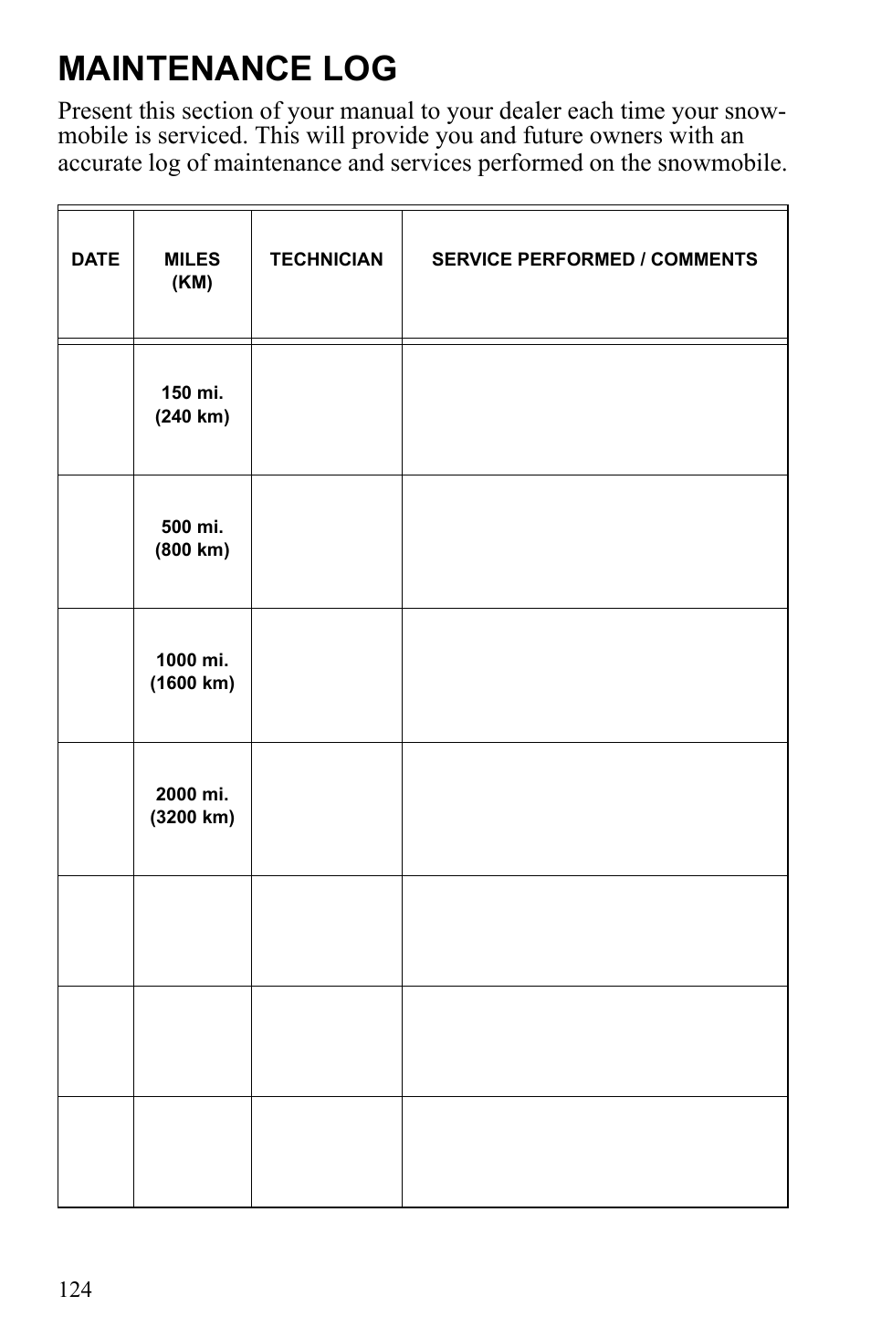 Maintenance log | Polaris 2010 Trail RMK User Manual | Page 127 / 133