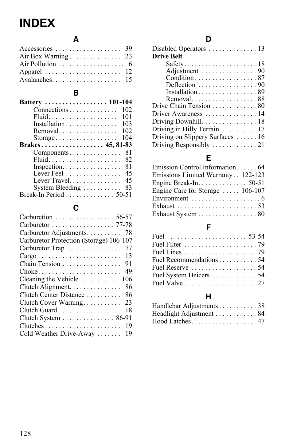 Index | Polaris 2010 Trail RMK User Manual | Page 131 / 133