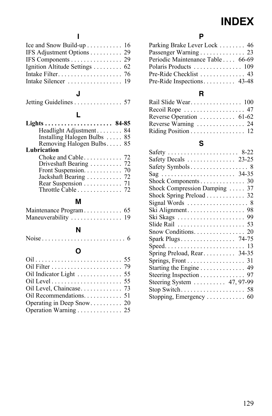 Index | Polaris 2010 Trail RMK User Manual | Page 132 / 133