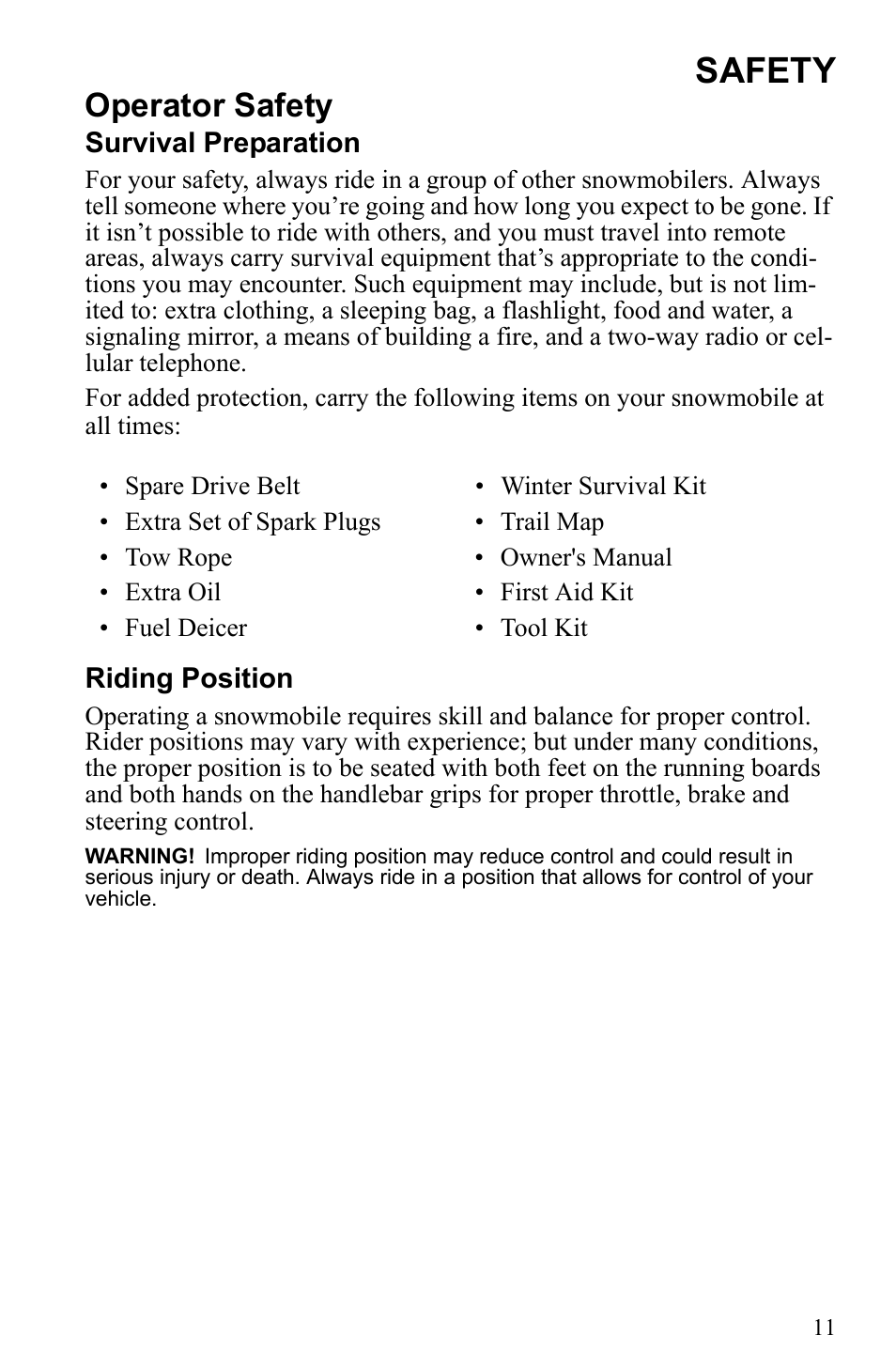 Safety, Operator safety | Polaris 2010 Trail RMK User Manual | Page 14 / 133