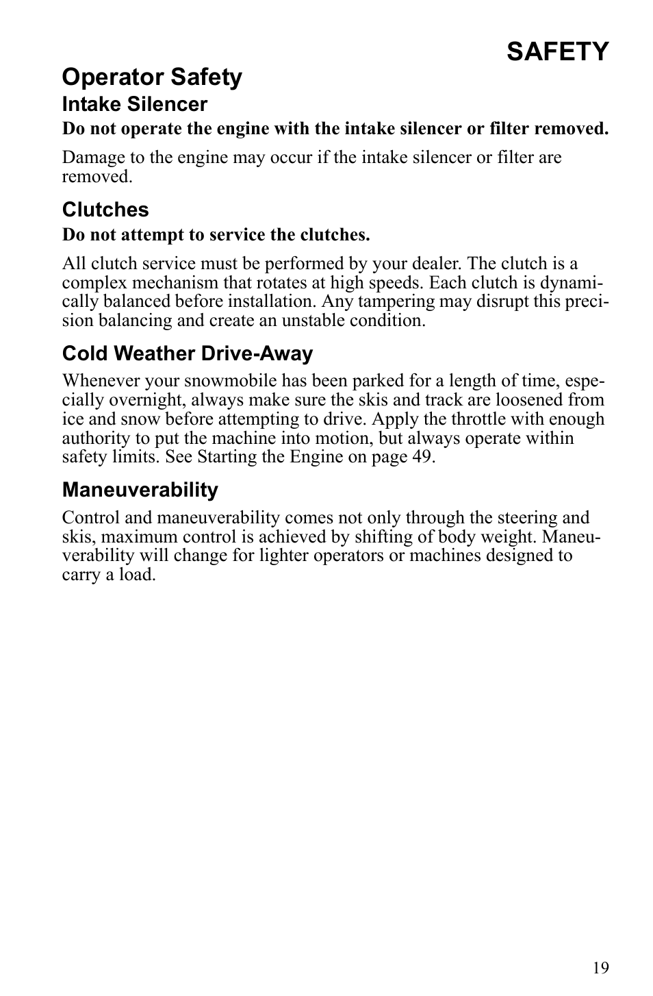 Safety, Operator safety | Polaris 2010 Trail RMK User Manual | Page 22 / 133