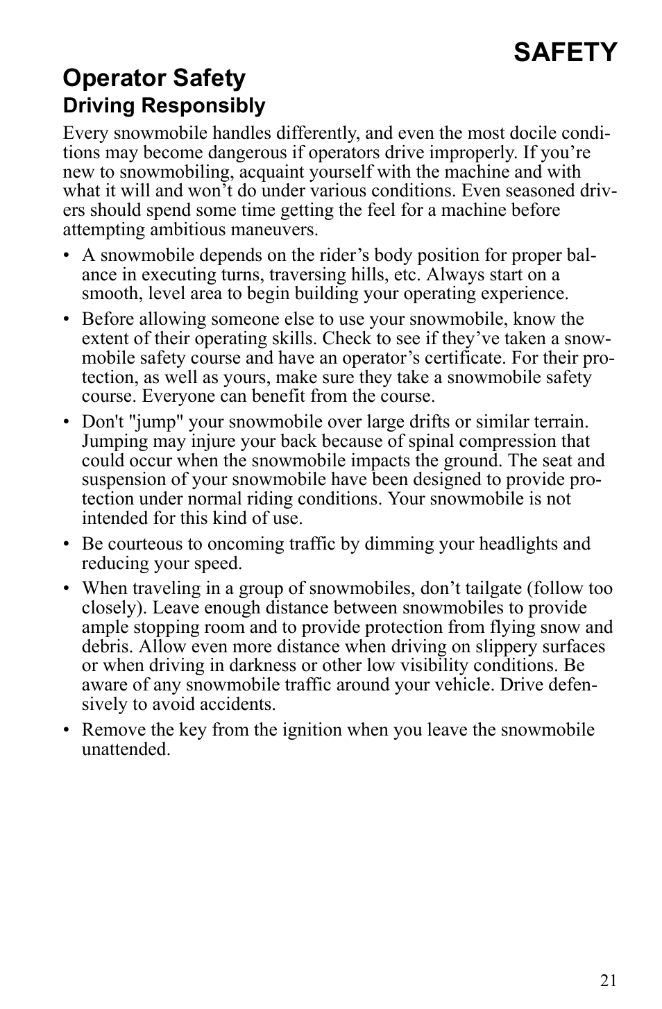 Safety, Operator safety | Polaris 2010 Trail RMK User Manual | Page 24 / 133