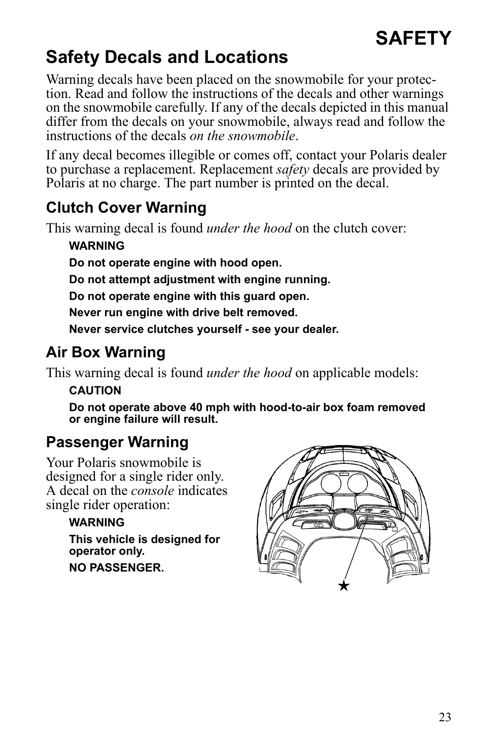 Safety, Safety decals and locations | Polaris 2010 Trail RMK User Manual | Page 26 / 133