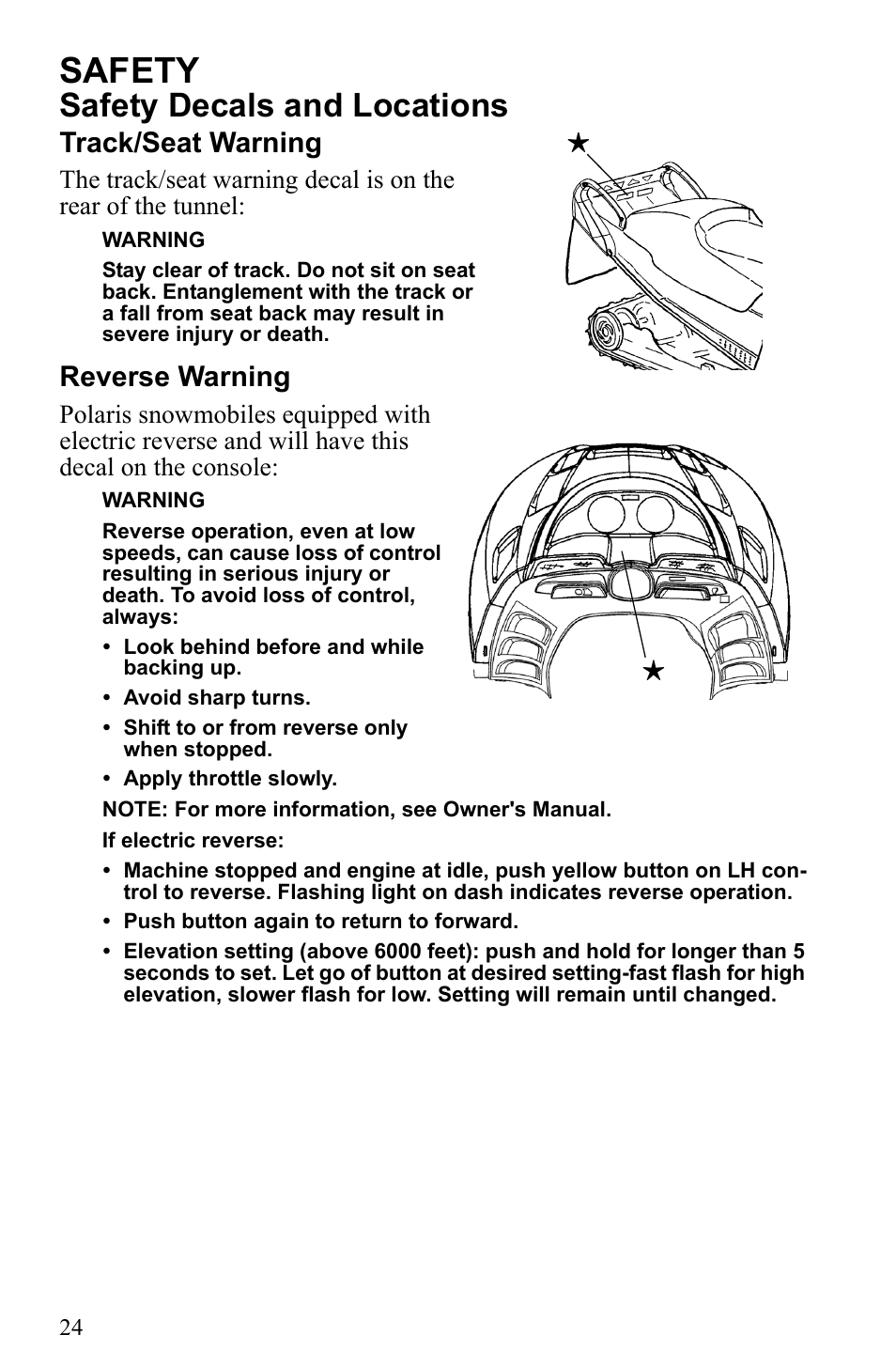 Safety, Safety decals and locations, Track/seat warning | Reverse warning | Polaris 2010 Trail RMK User Manual | Page 27 / 133