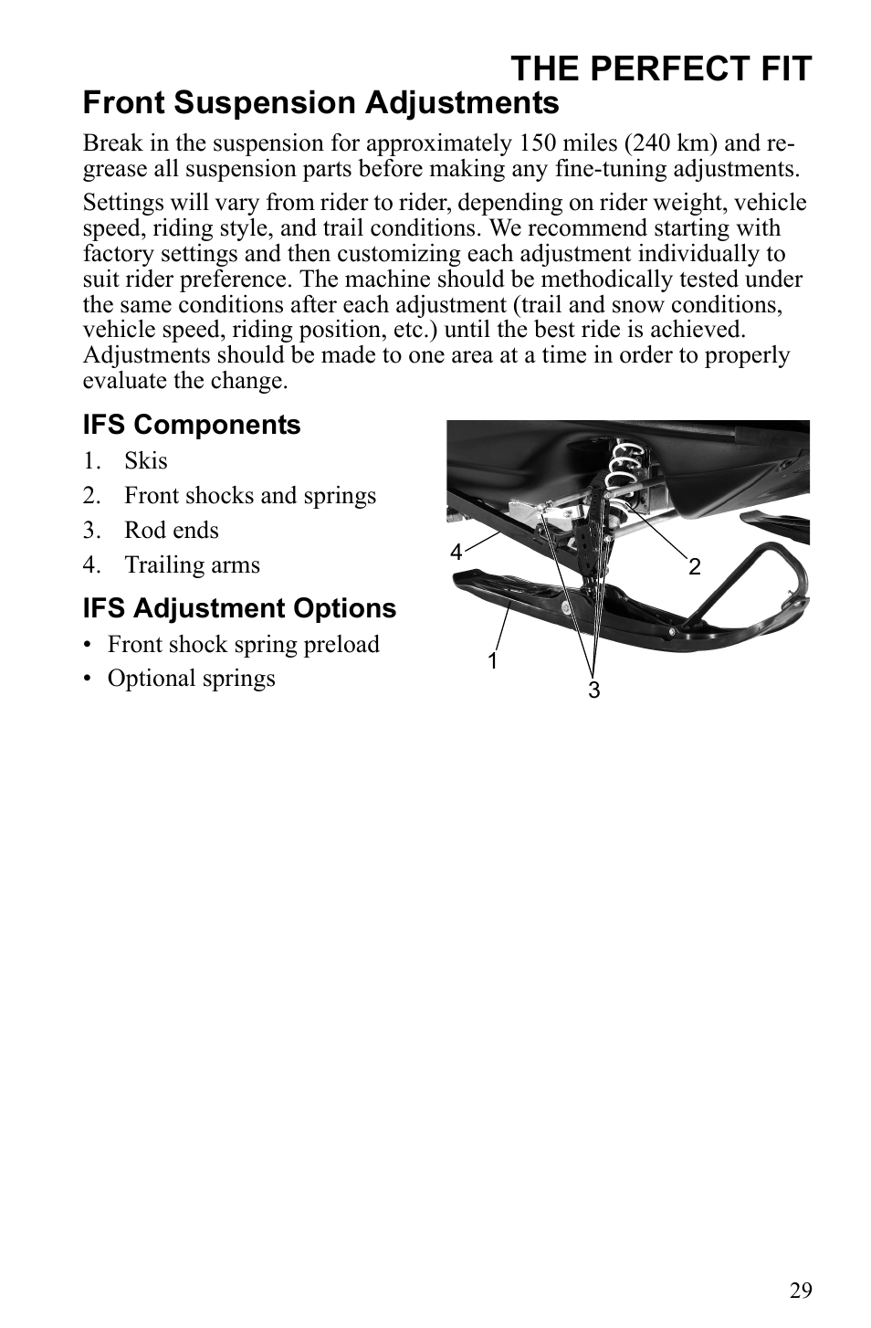 The perfect fit, Front suspension adjustments | Polaris 2010 Trail RMK User Manual | Page 32 / 133