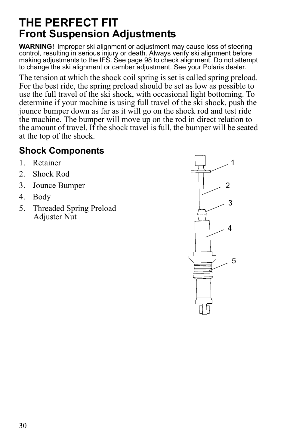 The perfect fit, Front suspension adjustments, Shock components | Polaris 2010 Trail RMK User Manual | Page 33 / 133